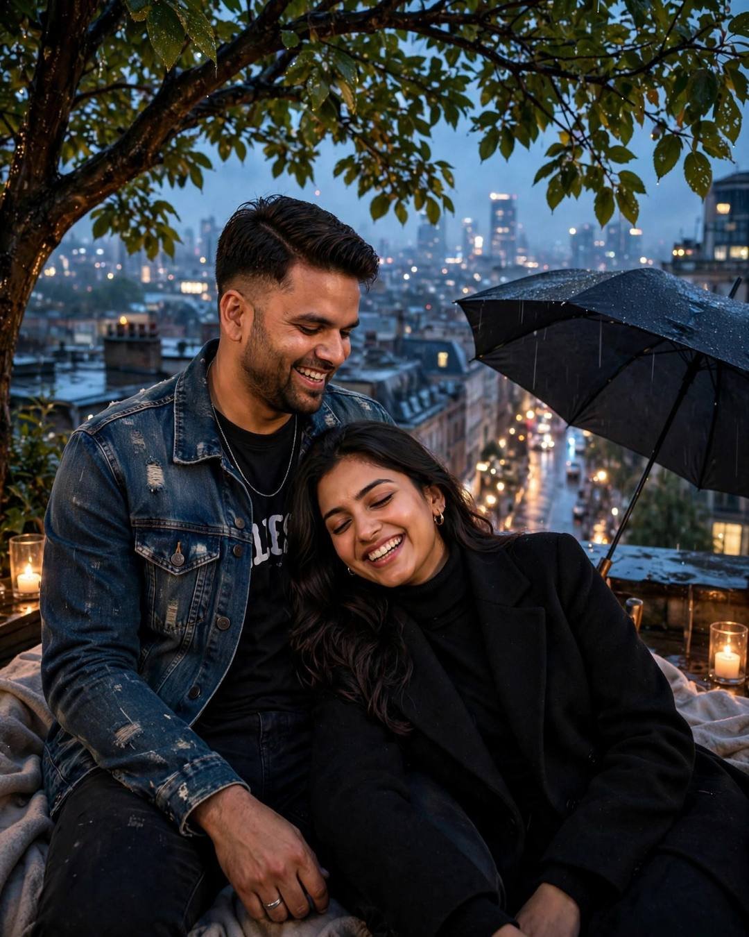 A laughing couple on a rainy rooftop, her head resting on his shoulder in a denim jacket, city lights glowing below