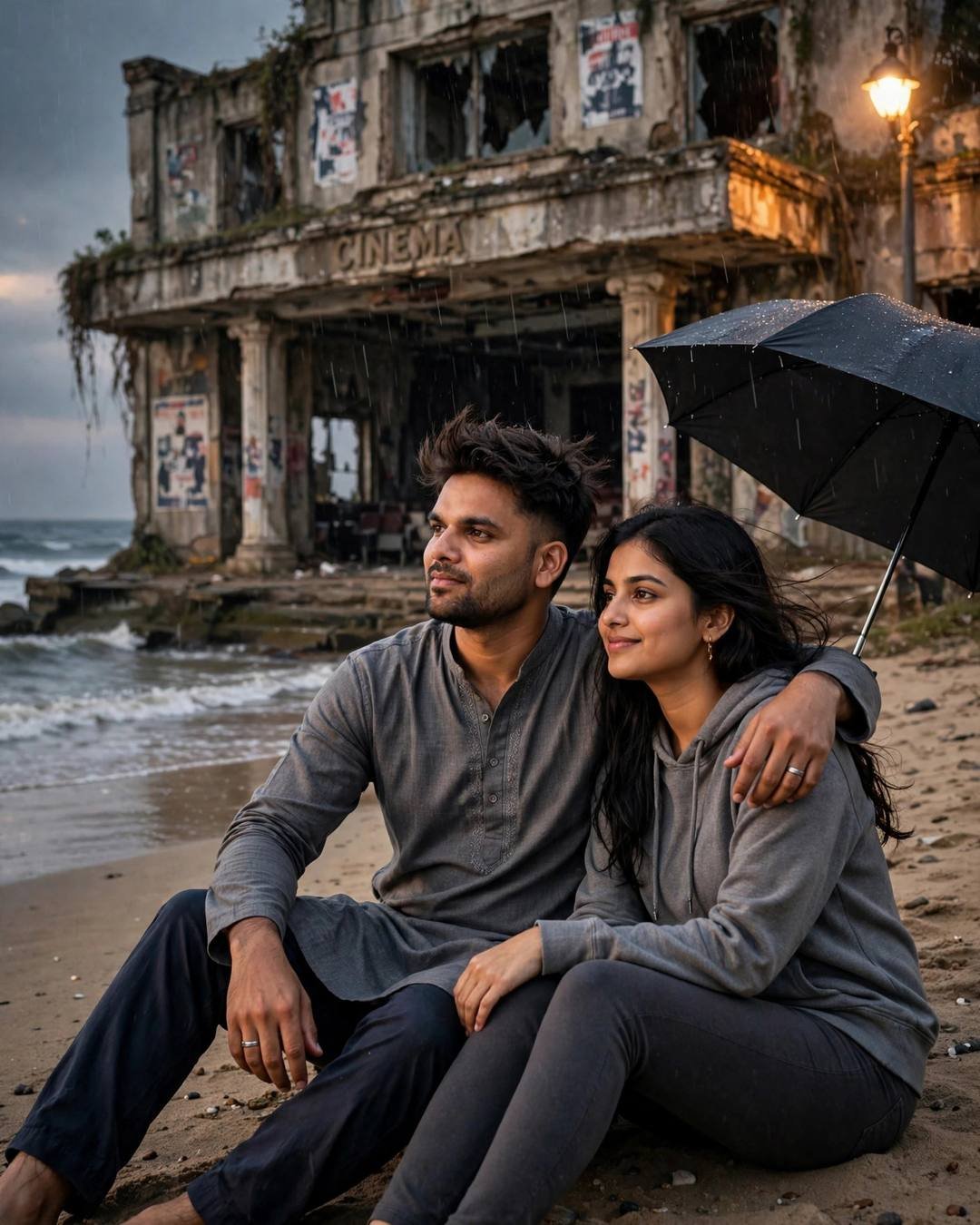 A couple sitting on the sand watching the waves, his arm around her, an abandoned cinema standing behind them in the drizzle