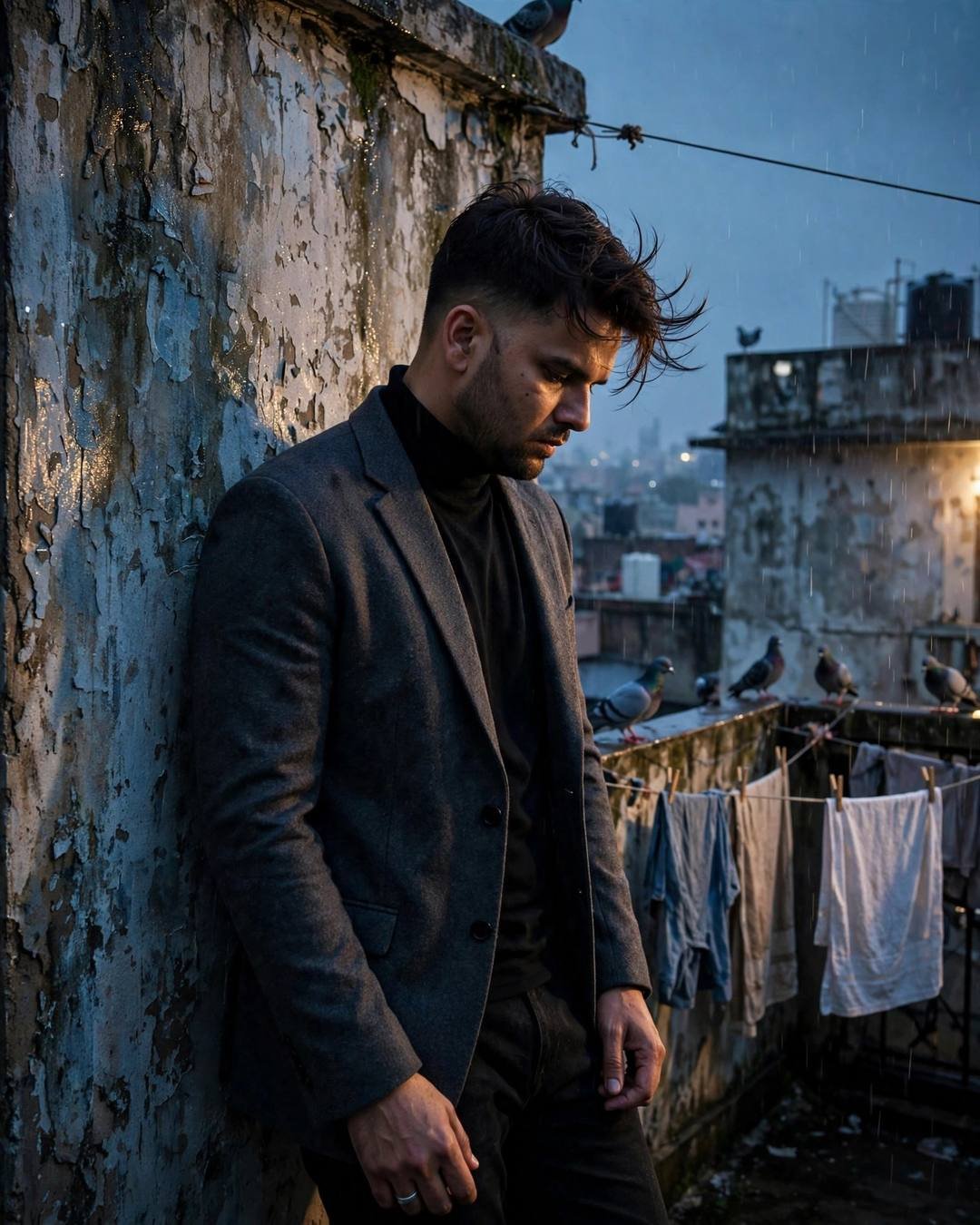Young man in a charcoal blazer leaning against a weathered terrace wall with pigeons and clothes lines in light rain