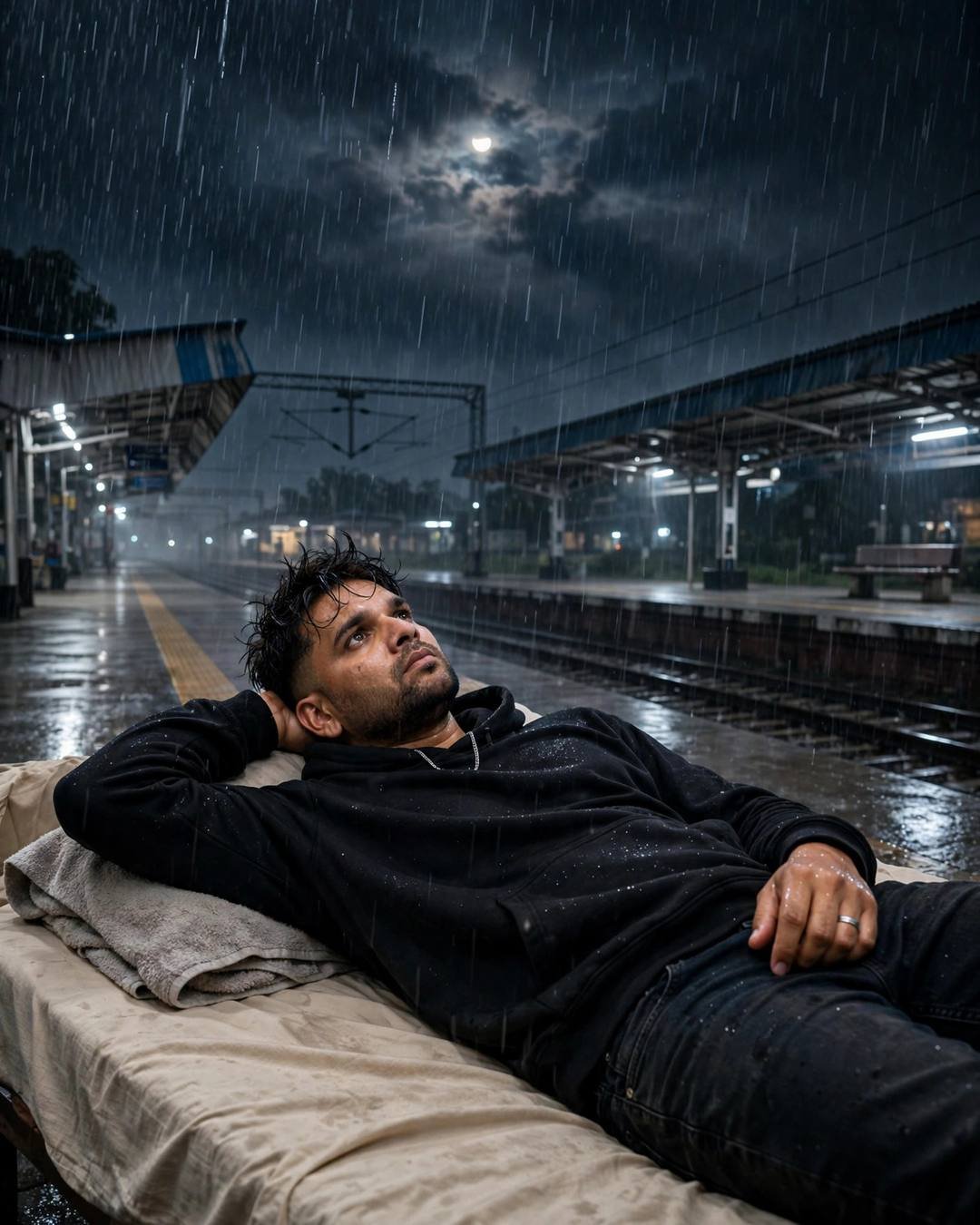 Young man in a black hoodie lying on an empty railway platform bench at night as monsoon rain falls and the moon breaks through clouds