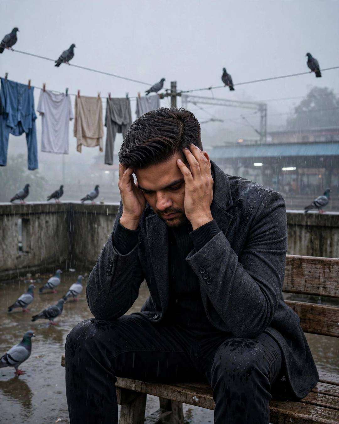 Young man in a charcoal blazer sitting on a wet bench with his head in his hands, pigeons and laundry lines in heavy rain