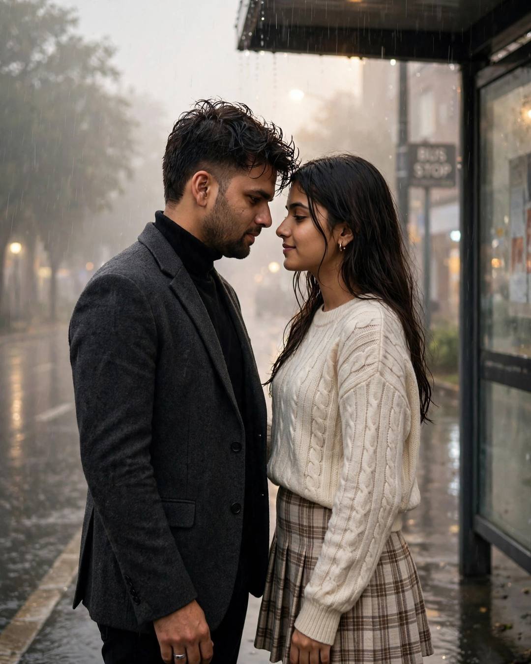 Couple standing face to face at a rainy bus stop, foreheads almost touching, man in charcoal blazer, woman in cream knit top