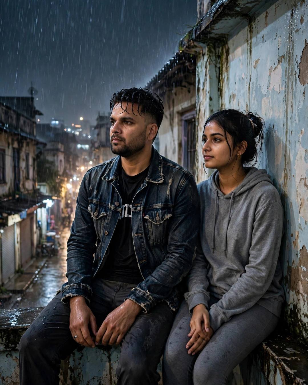 Couple sitting against a peeling wall in an old-city lane at midnight rain, man in distressed denim jacket, woman in grey hoodie