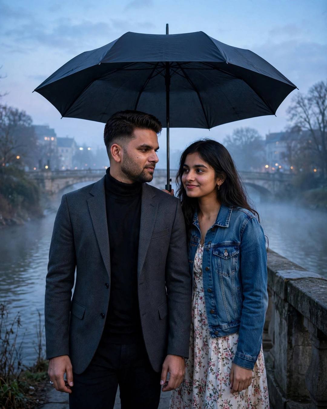 Couple standing under one umbrella on a stone bridge over a river at dawn, man in charcoal blazer, woman in denim jacket and floral dress