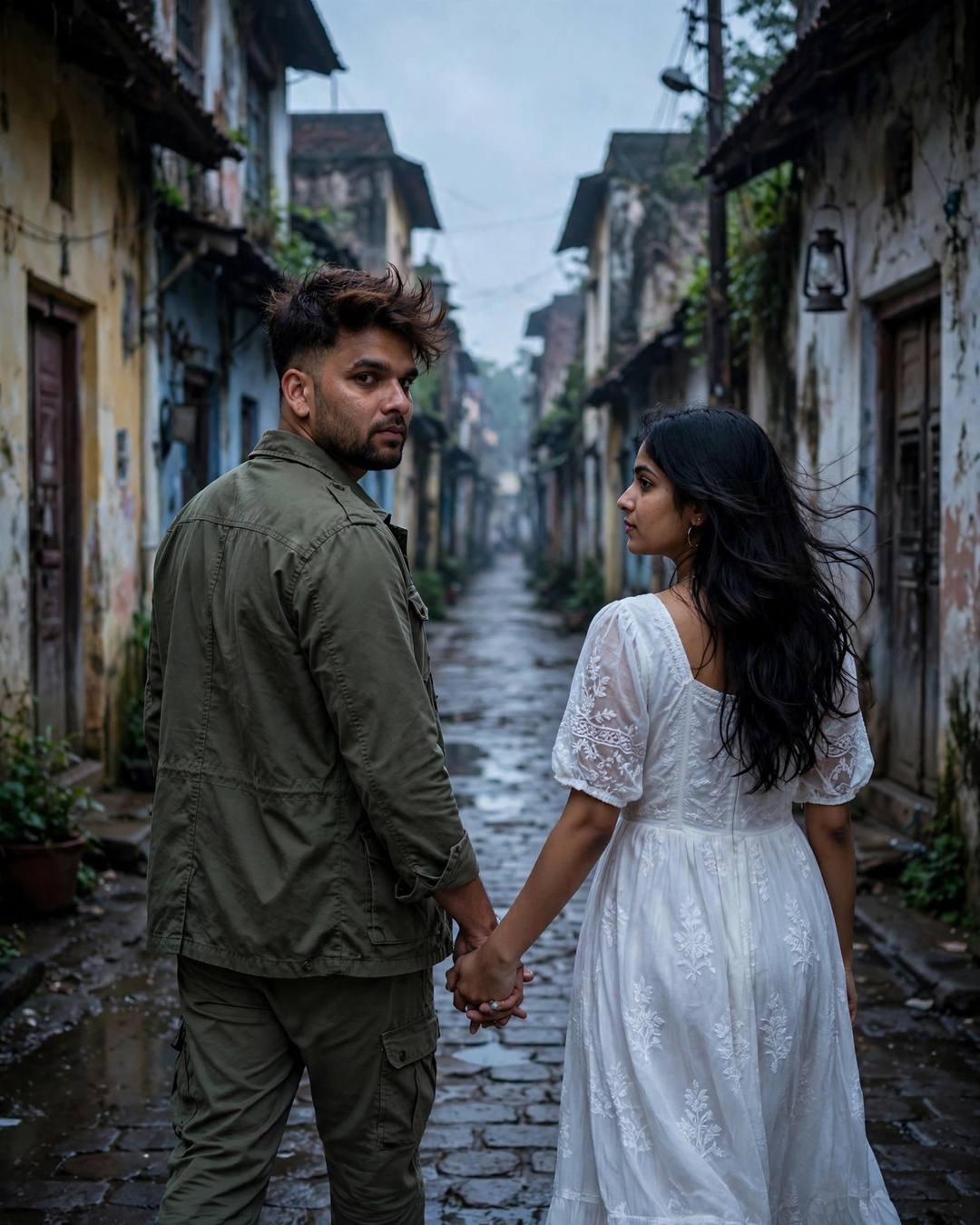 Couple walking hand in hand away down a wet cobblestone old-city lane, man in olive field jacket, woman in flowing white dress