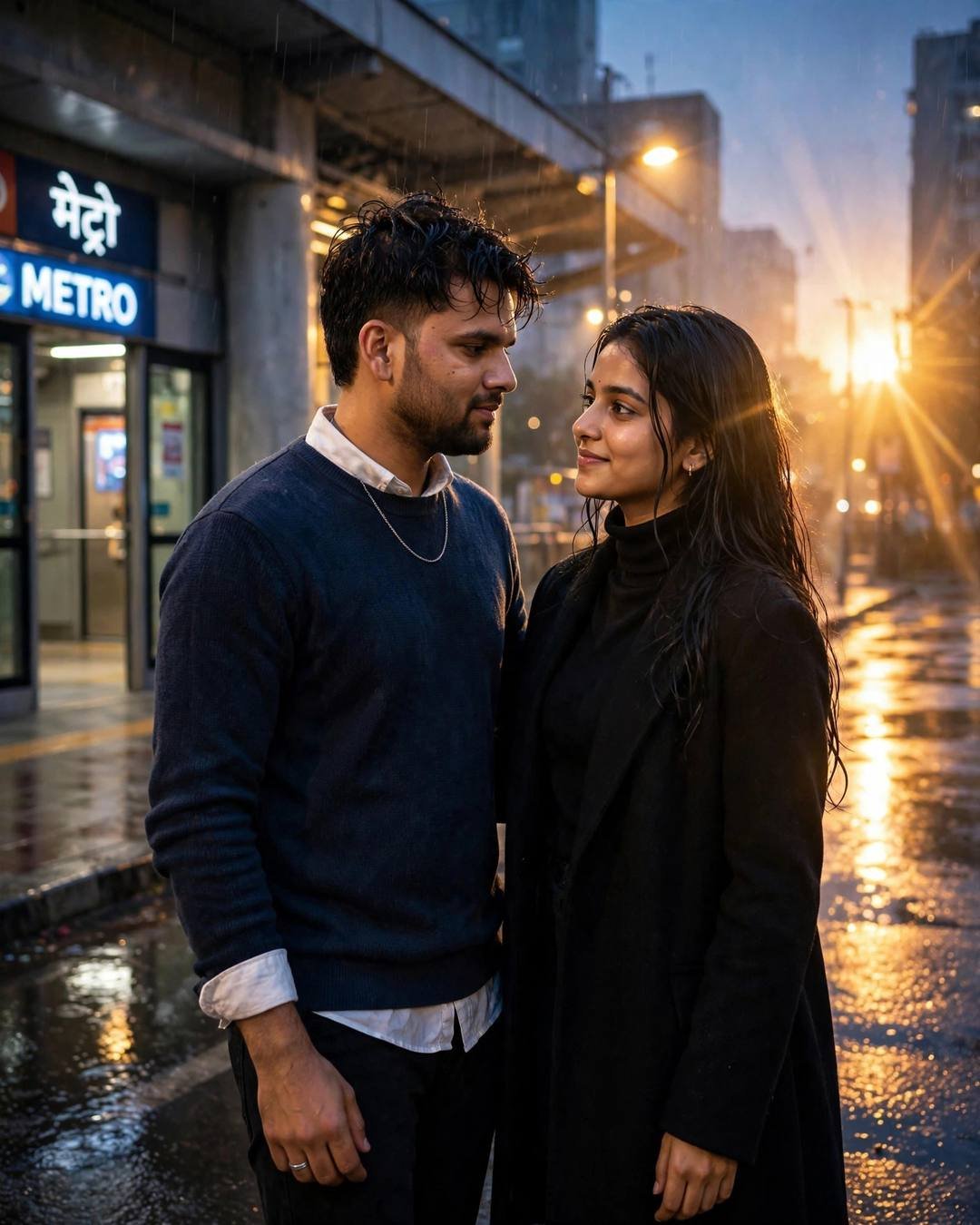 Couple slow dancing on a wet street outside a metro station at sunrise, man in navy sweater, woman in black coat, golden lens flare