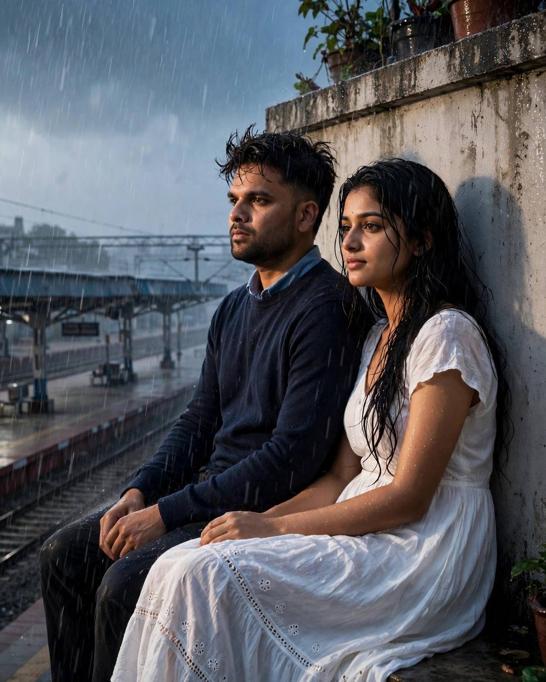 Young couple sitting backs against a wall on a rainy rooftop, monsoon rain around them