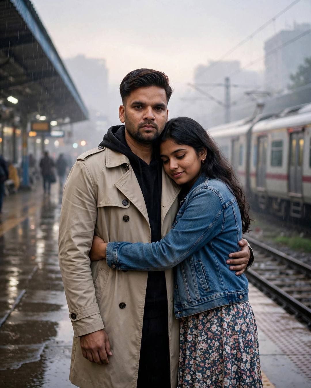 Young couple embracing on a rainy railway platform, man in trench coat, train waiting