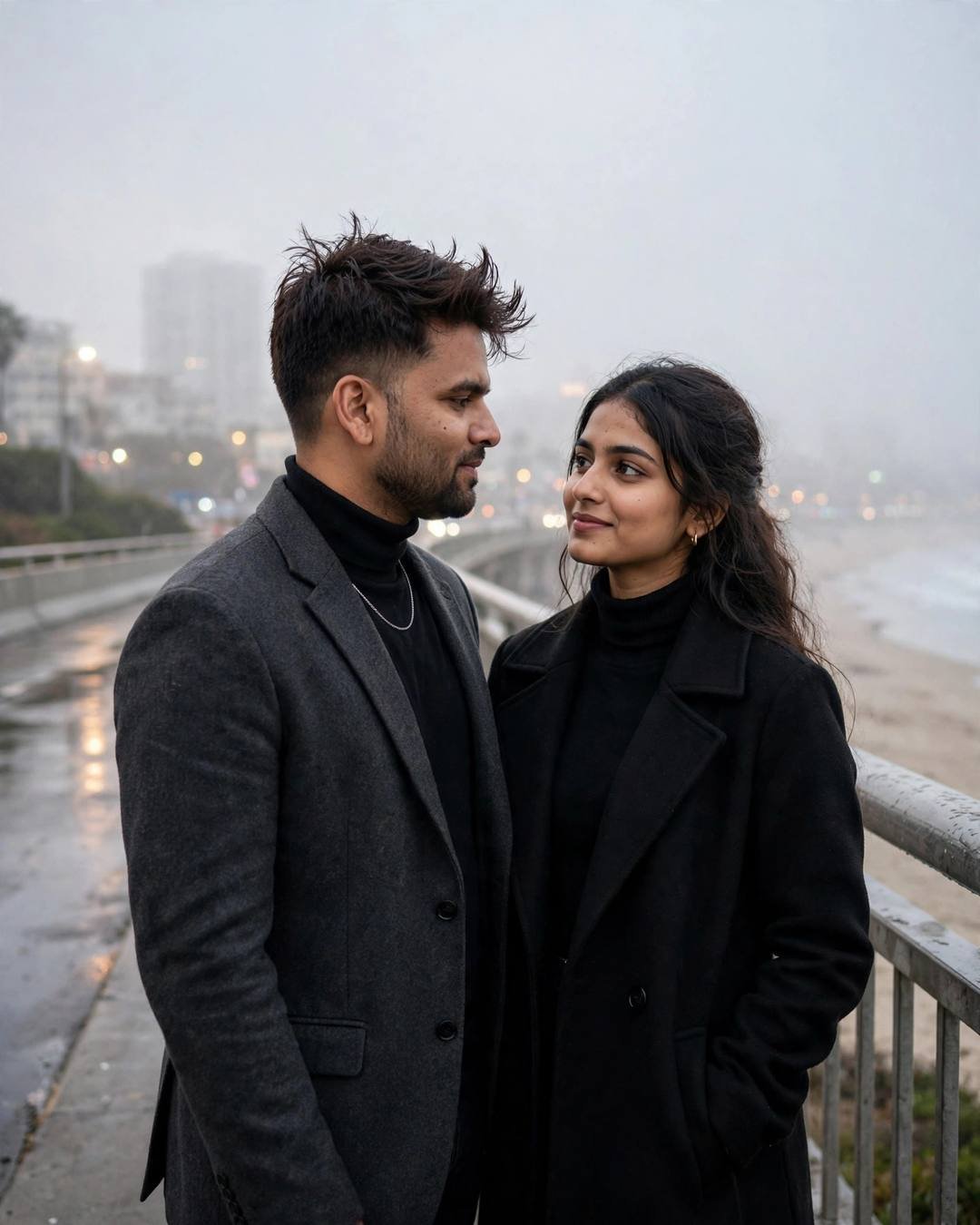 Young couple in black formalwear facing each other on a foggy bridge, city lights blurred