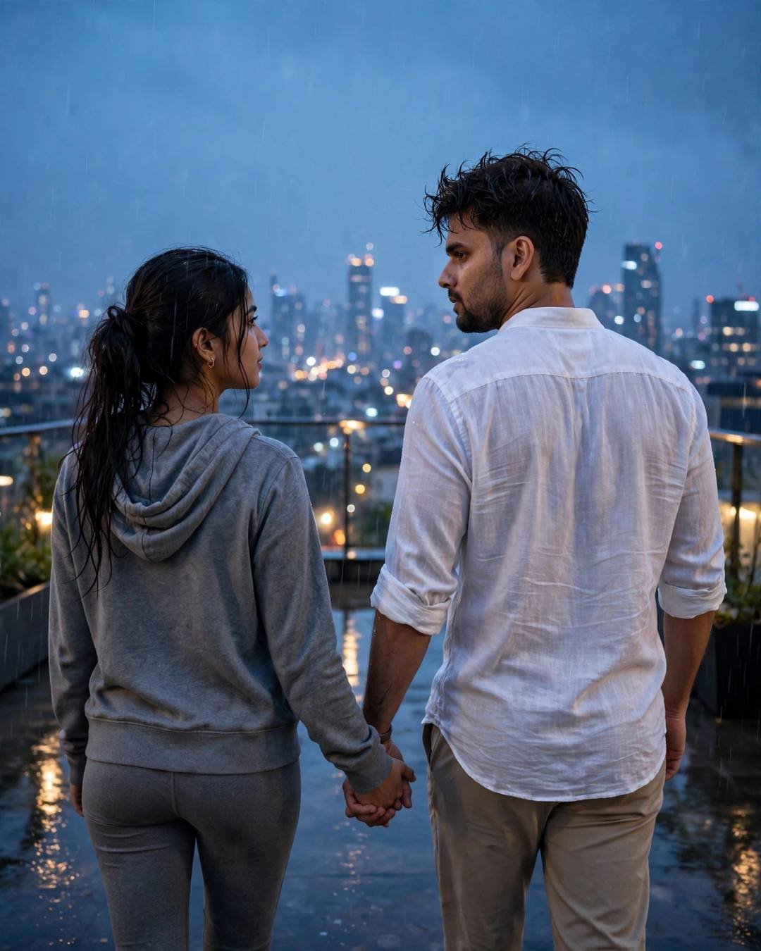 Young couple holding hands walking across a rainy rooftop above glowing city lights