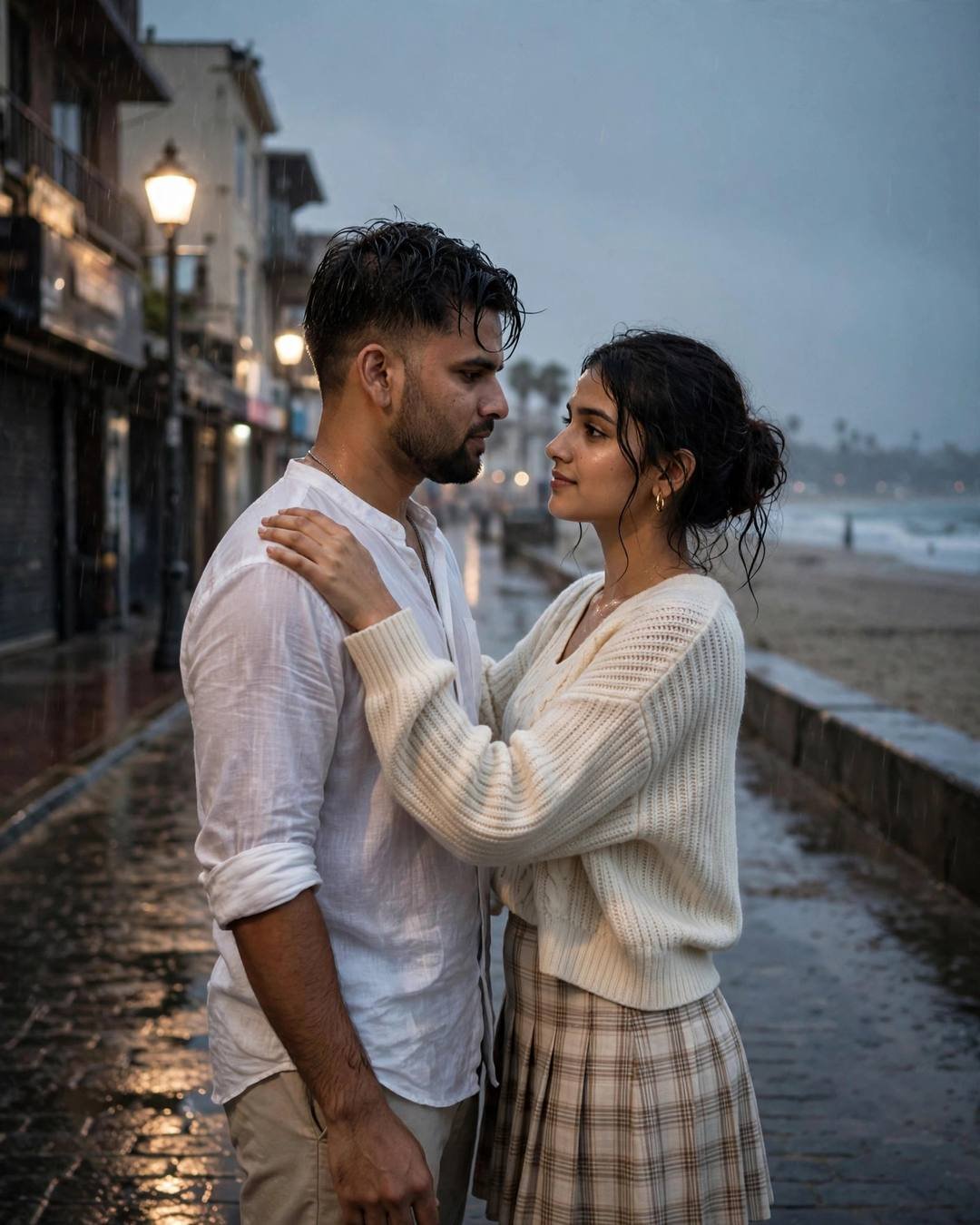 Young couple in dance posture on a rainy seaside promenade under streetlights