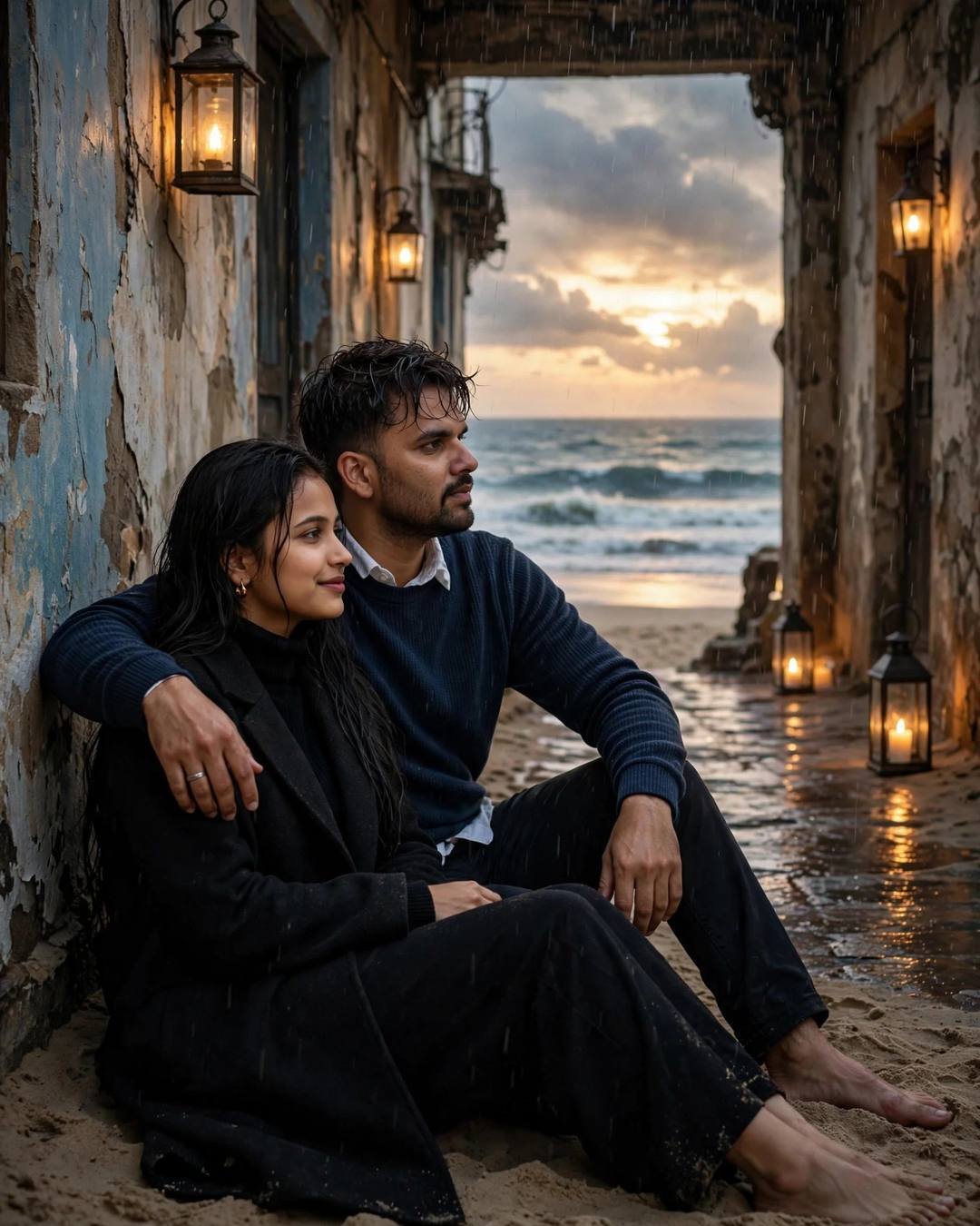 A couple sitting close in a lantern-lit stone archway, his arm around her, storm clouds breaking into sunset over the sea