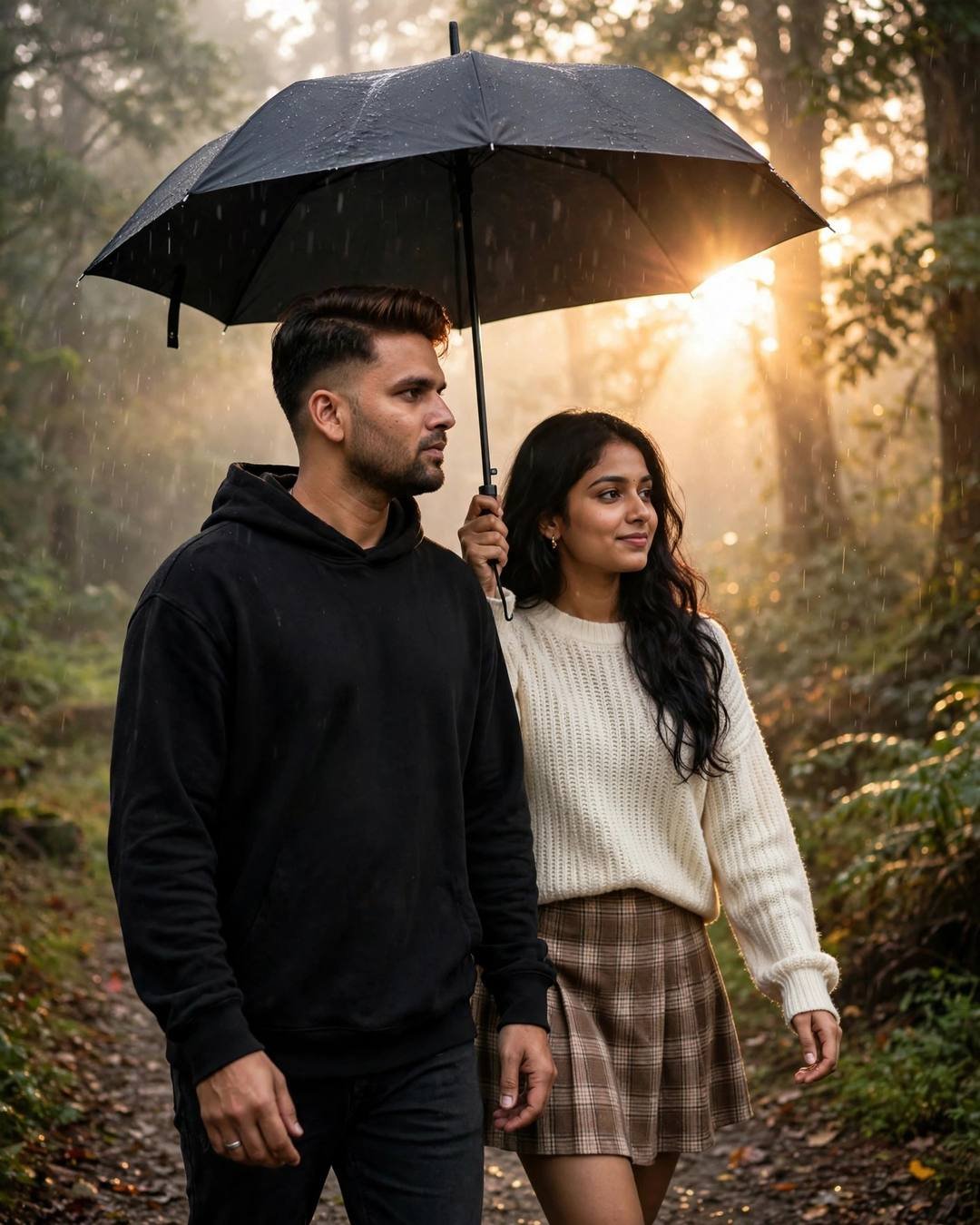 A couple walking under one black umbrella on a misty forest path, golden sunlight flaring through the rain