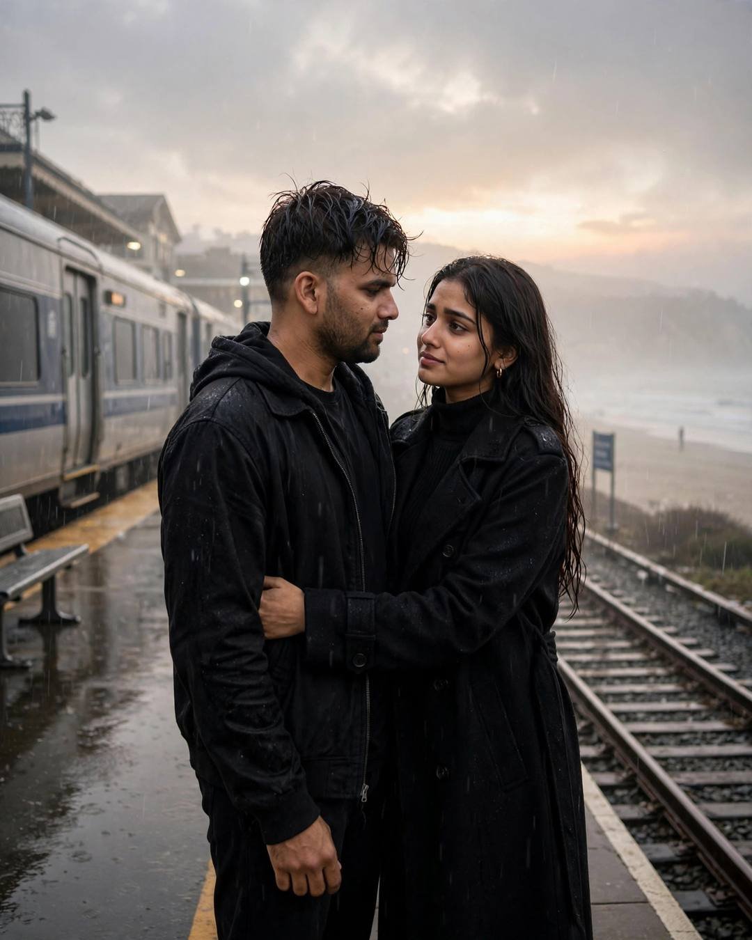 A couple in a close embrace on a rainy platform, the train waiting beside them, fog softening the tracks