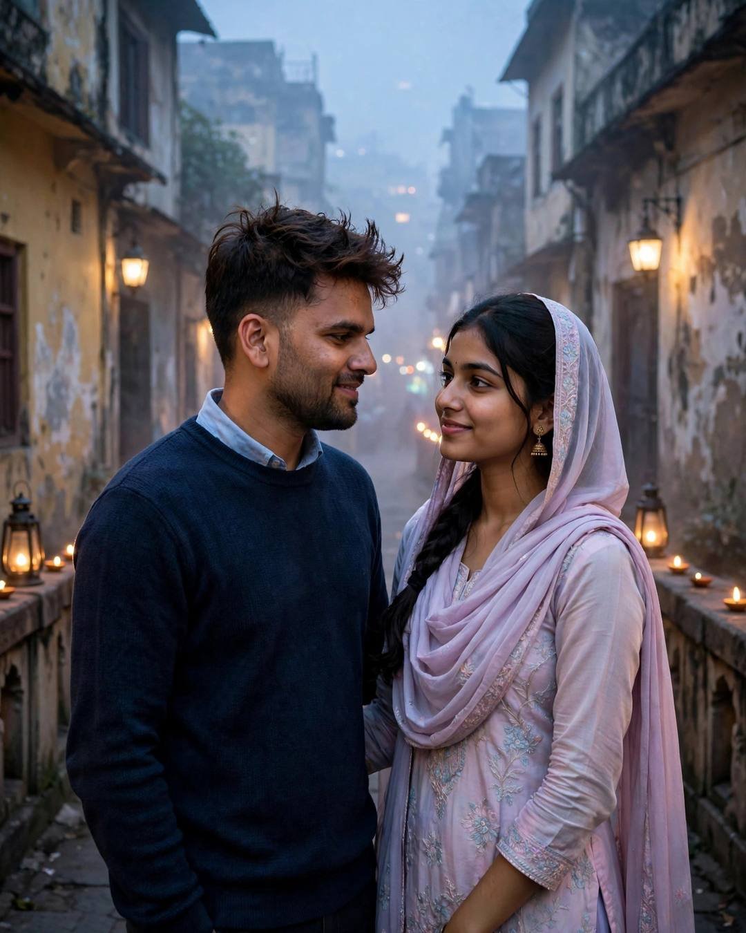 Young Indian couple standing face to face on a bridge in dense fog at blue hour, man in navy sweater, woman in pastel salwar-kameez with dupatta, lanterns glowing