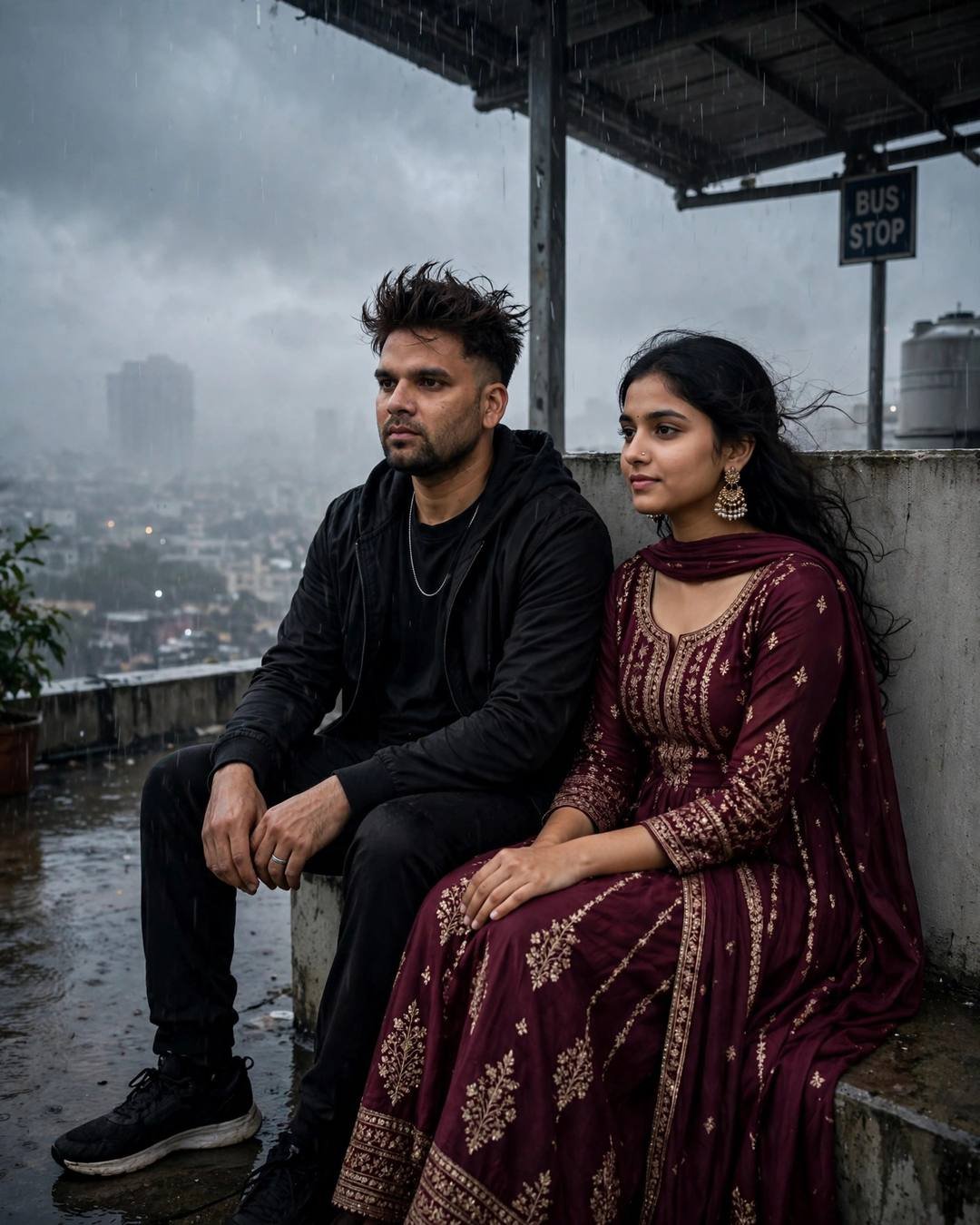 Young Indian couple sitting silently on a rooftop under a tin shade in heavy rain, man in all-black streetwear, woman in maroon anarkali with jhumkas