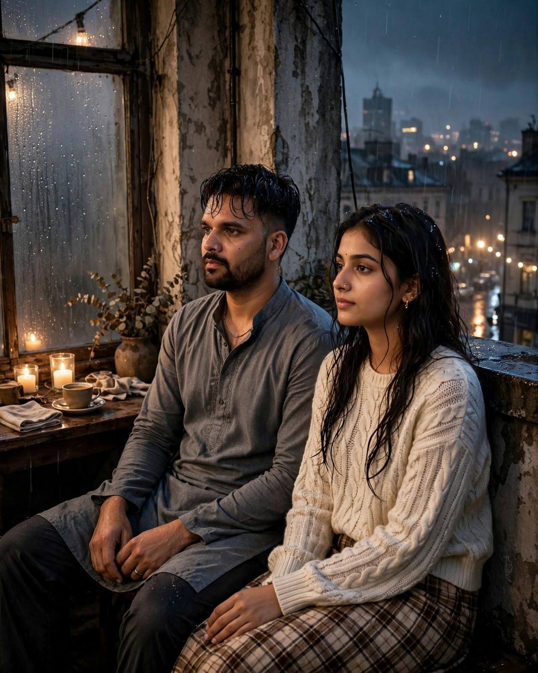 Young Indian couple sitting by a fogged cafe window with lit candles, man in grey kurta, woman in cream knit top, rain-soaked street glowing outside