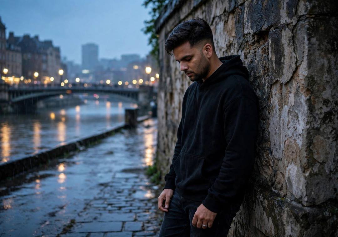 Young man in a black hoodie leaning against a weathered stone wall at blue hour, head tilted down, bridge over a river behind him