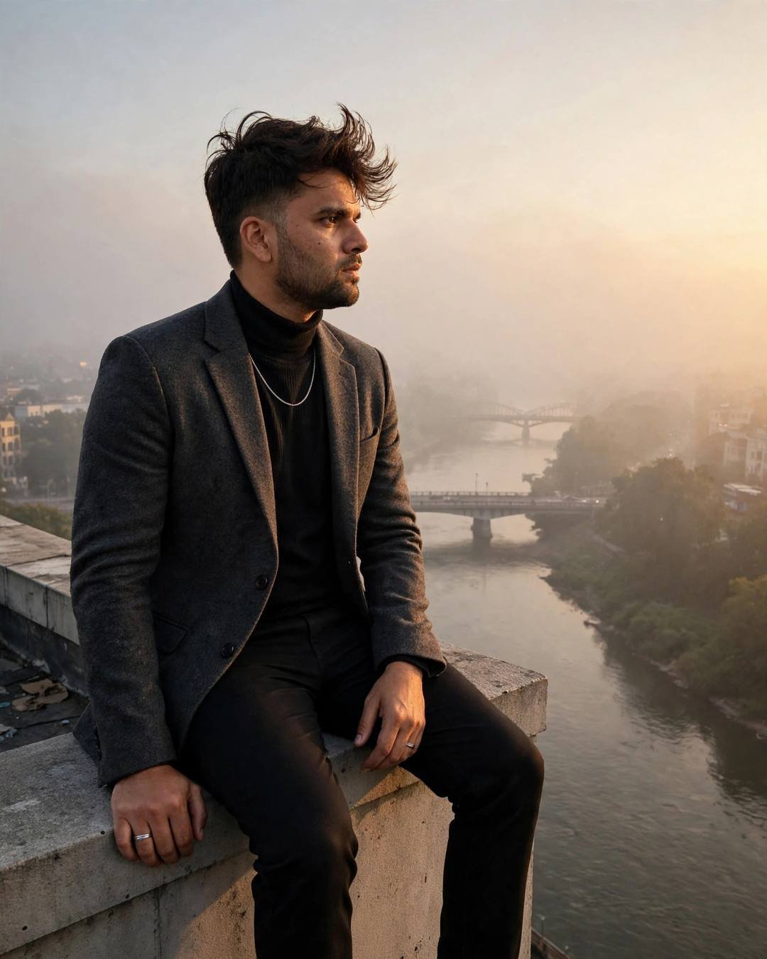 Young man in a charcoal blazer and black turtleneck sitting on a rooftop ledge at golden hour, dense fog below, dramatic side light