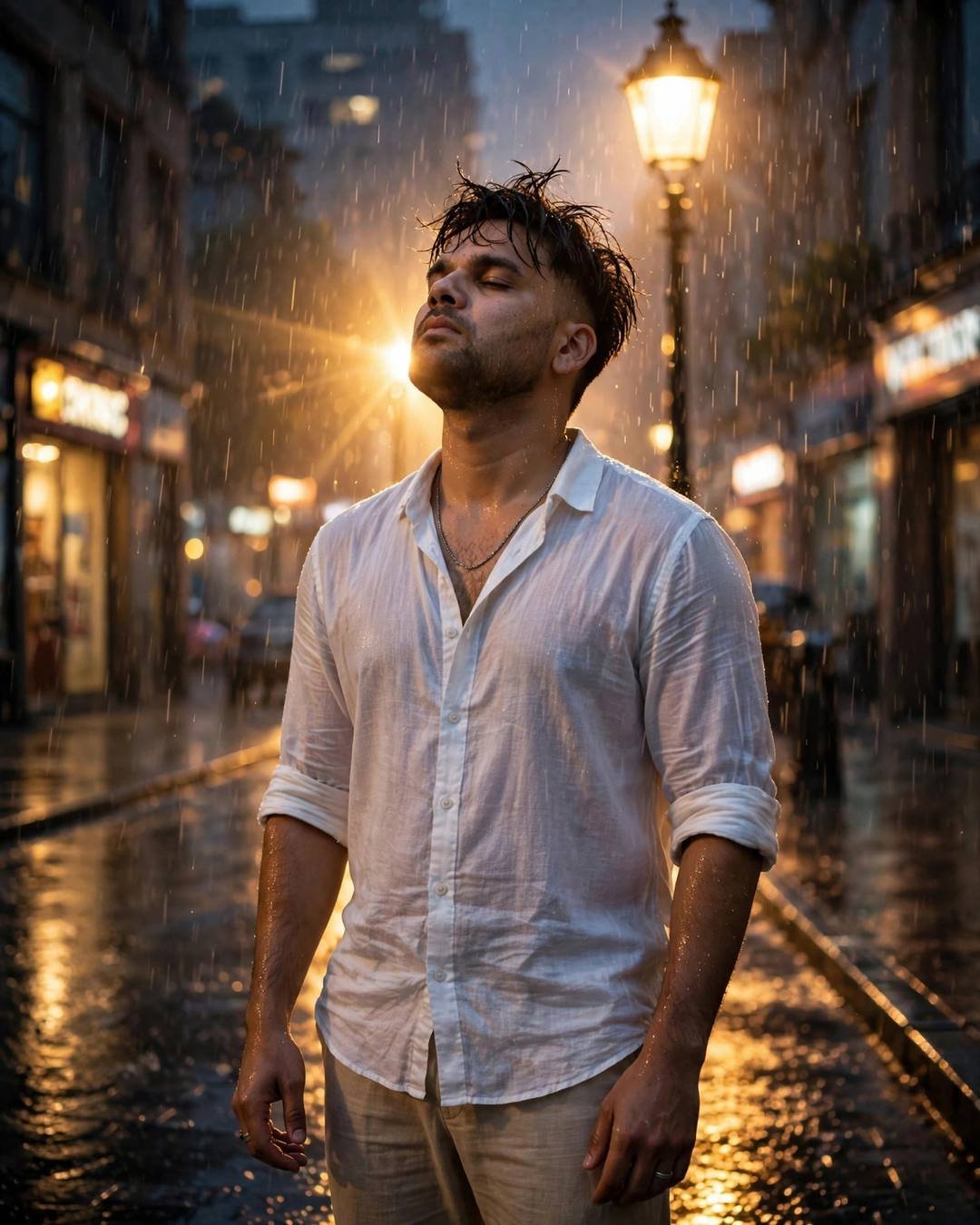Young man in a white linen shirt standing under a streetlamp in the rain, face lifted to the sky, golden backlight with lens flare