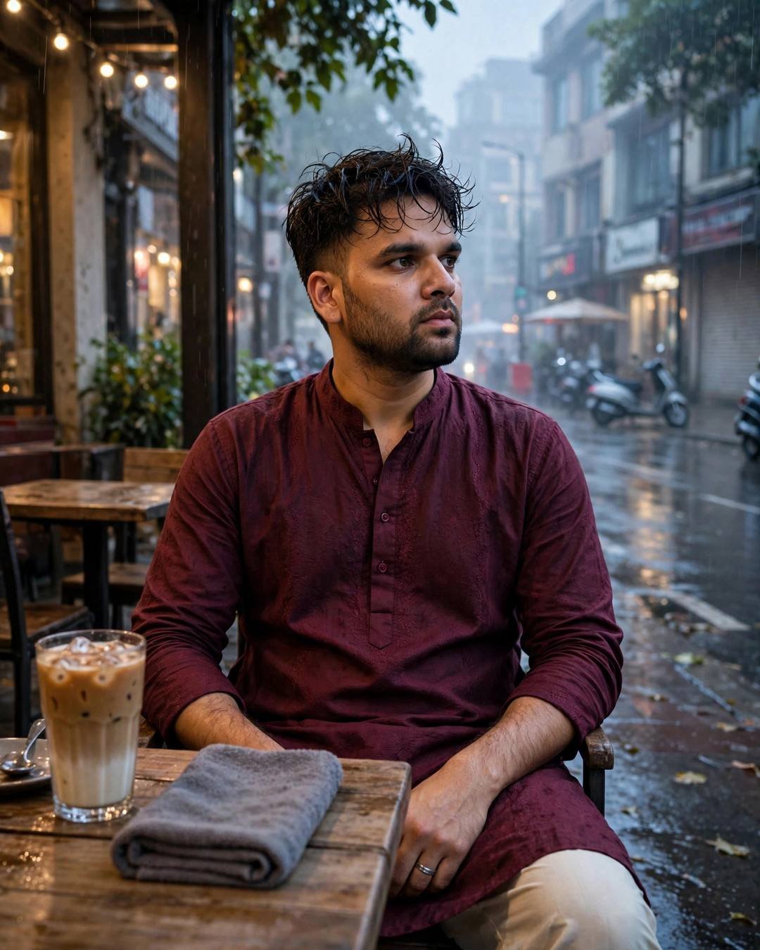 Young man in a maroon kurta sitting at a cafe table on a rain-soaked street, iced coffee beside him, calm expression, glowing cafe behind