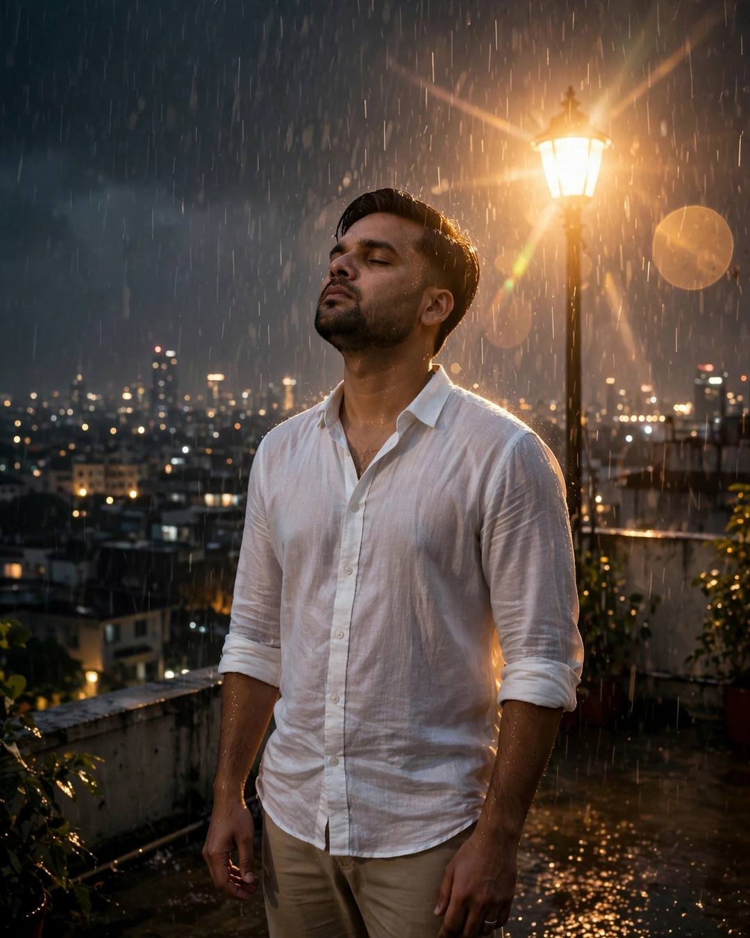 Young man in a white linen shirt standing in heavy monsoon rain on a rooftop, face lifted, golden streetlamp flare behind, city lights below