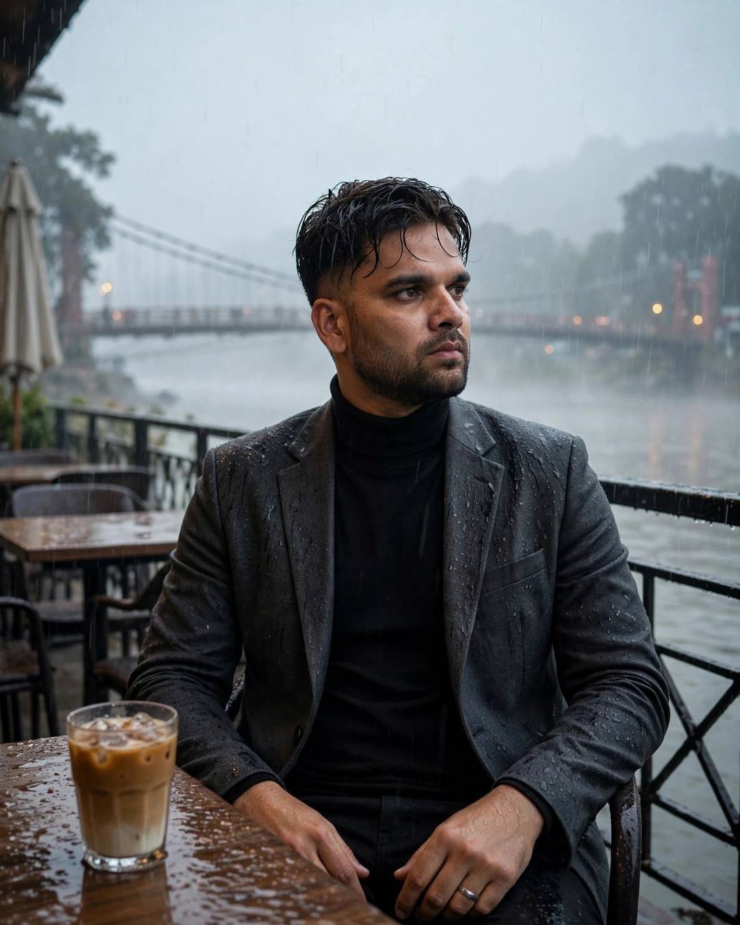 Young man in wet charcoal blazer sitting alone at a rainy riverside cafe table