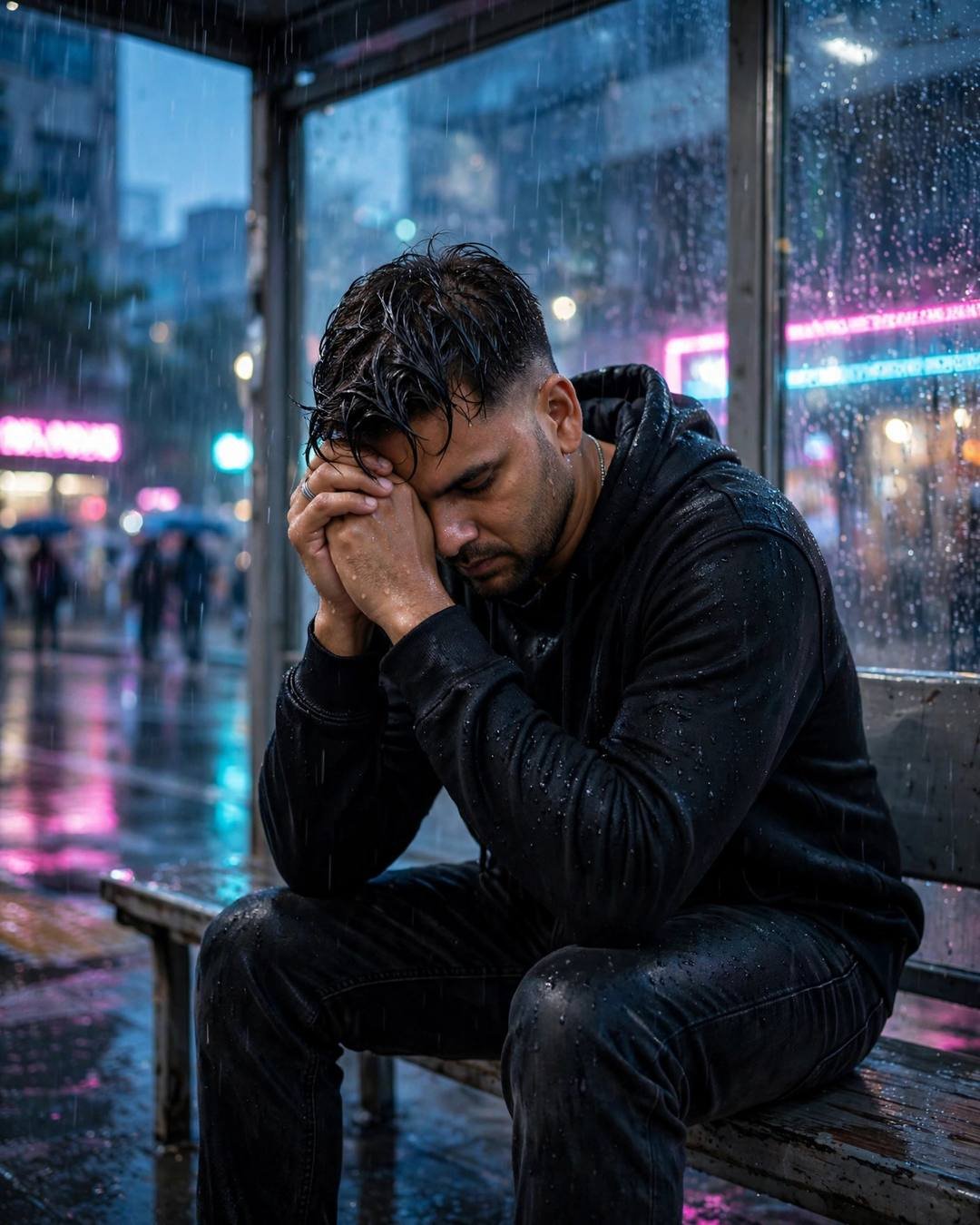 Young man in black hoodie with head in hands at a rainy bus stop under neon lights