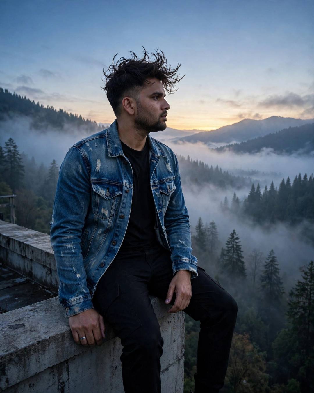 Young man in denim jacket sitting on a rooftop ledge above a misty forest at dawn