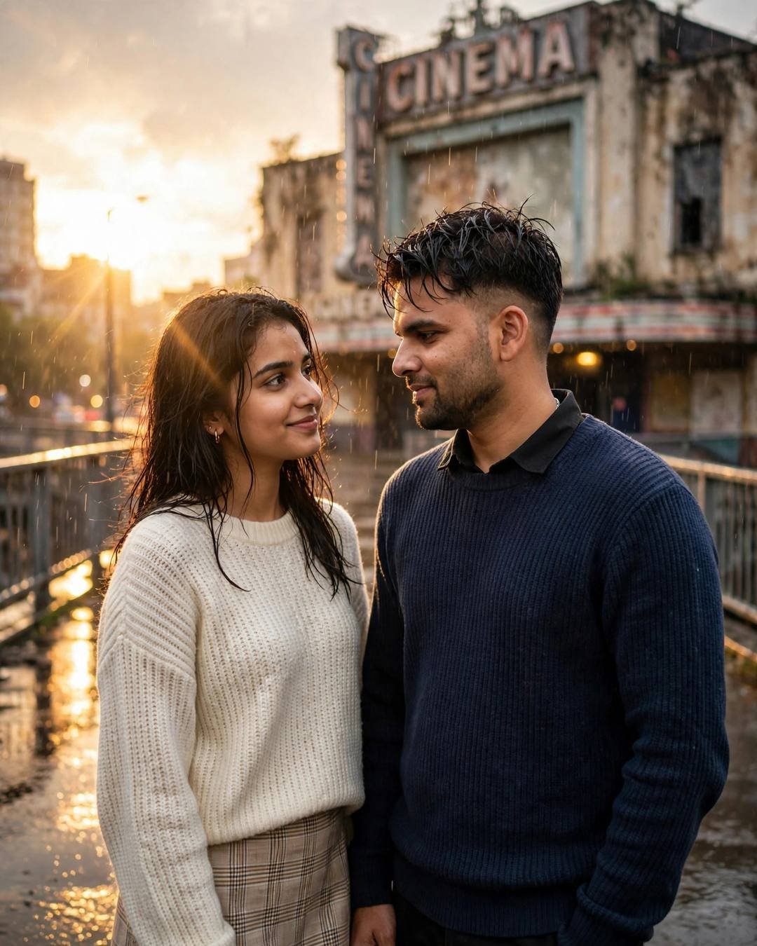 Young couple in knitwear facing each other on a wet bridge before an old cinema, golden backlight