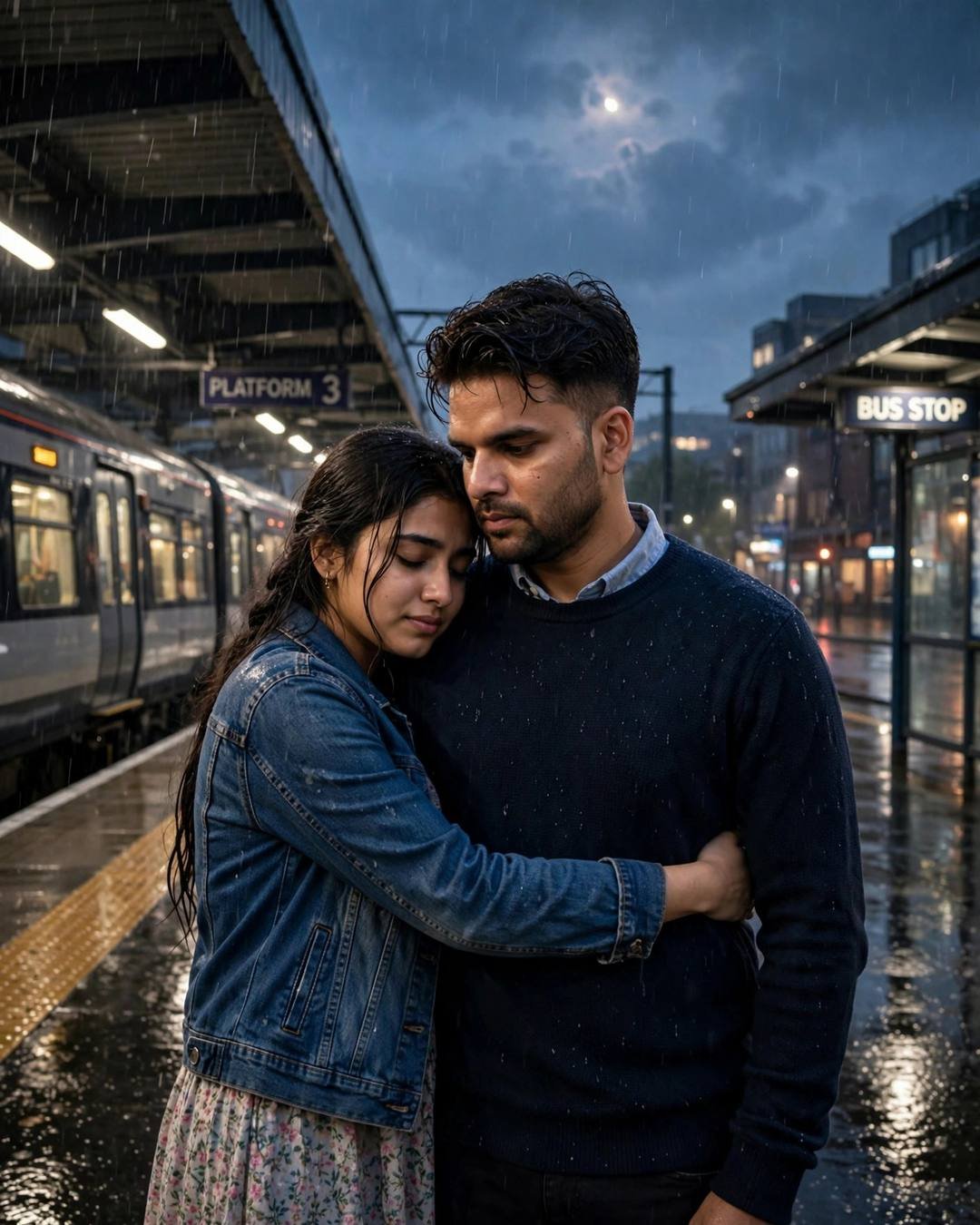 Young couple embracing on a rainy railway platform at blue hour, train waiting