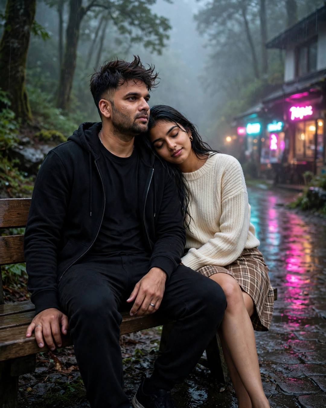 Young couple on a forest bench, woman resting head on partner's shoulder under neon light