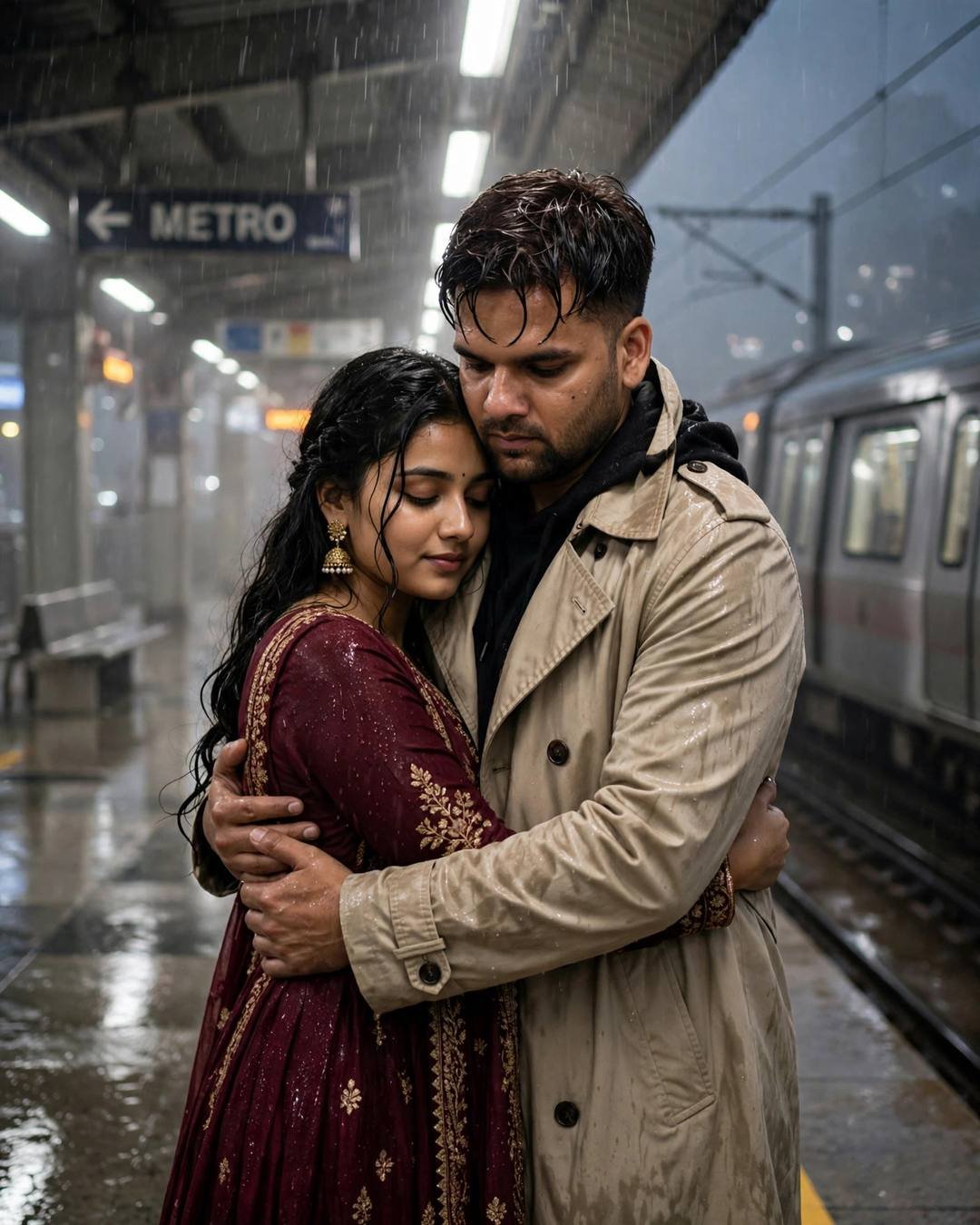 Young couple embracing in a rainy metro station, man in trench coat, woman in maroon anarkali