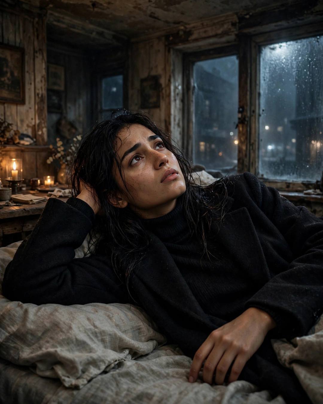 Young Indian woman in black turtleneck lying on a bed, candlelit room with fogged window