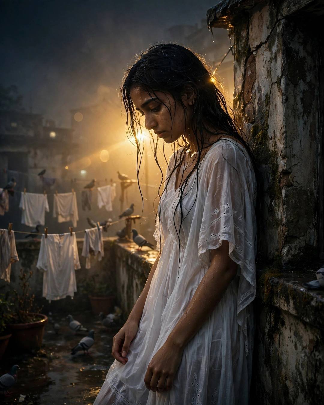 Young Indian woman in a wet white dress leaning against a terrace wall in golden rain light