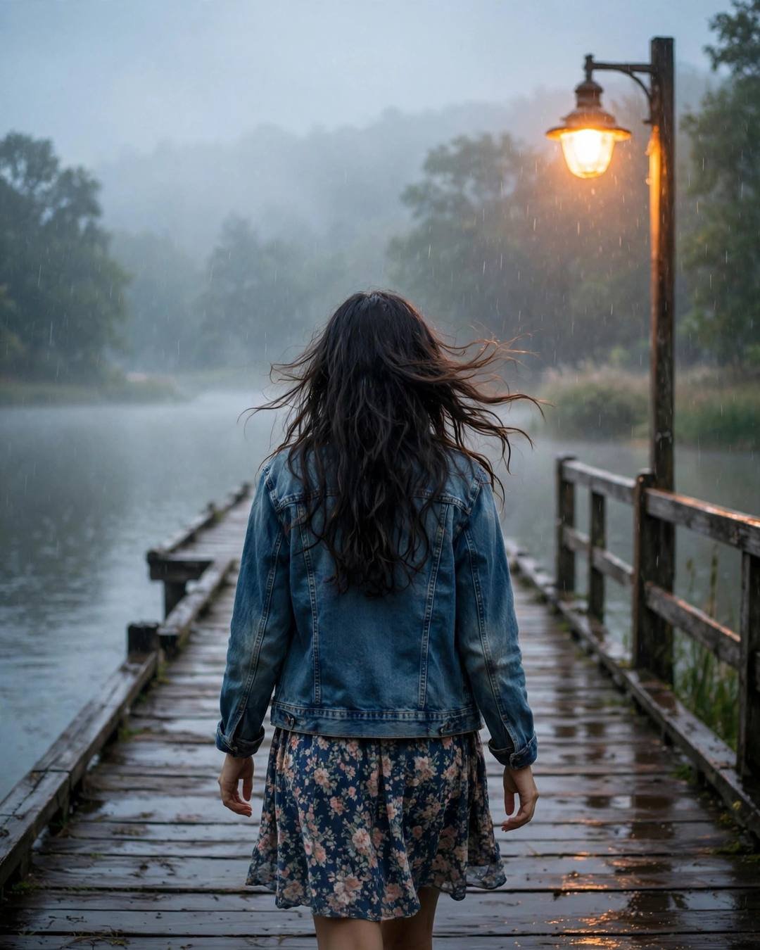 Young Indian woman in denim jacket walking away down a rainy lake pier at dawn