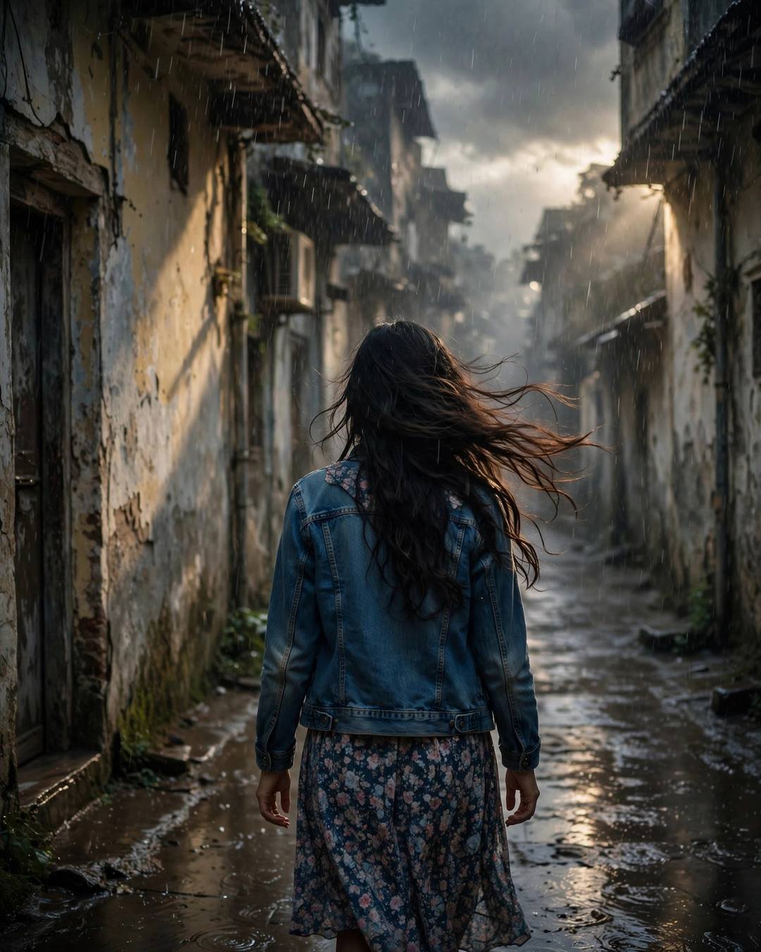 Young Indian woman in denim jacket walking through a rainy old-city lane