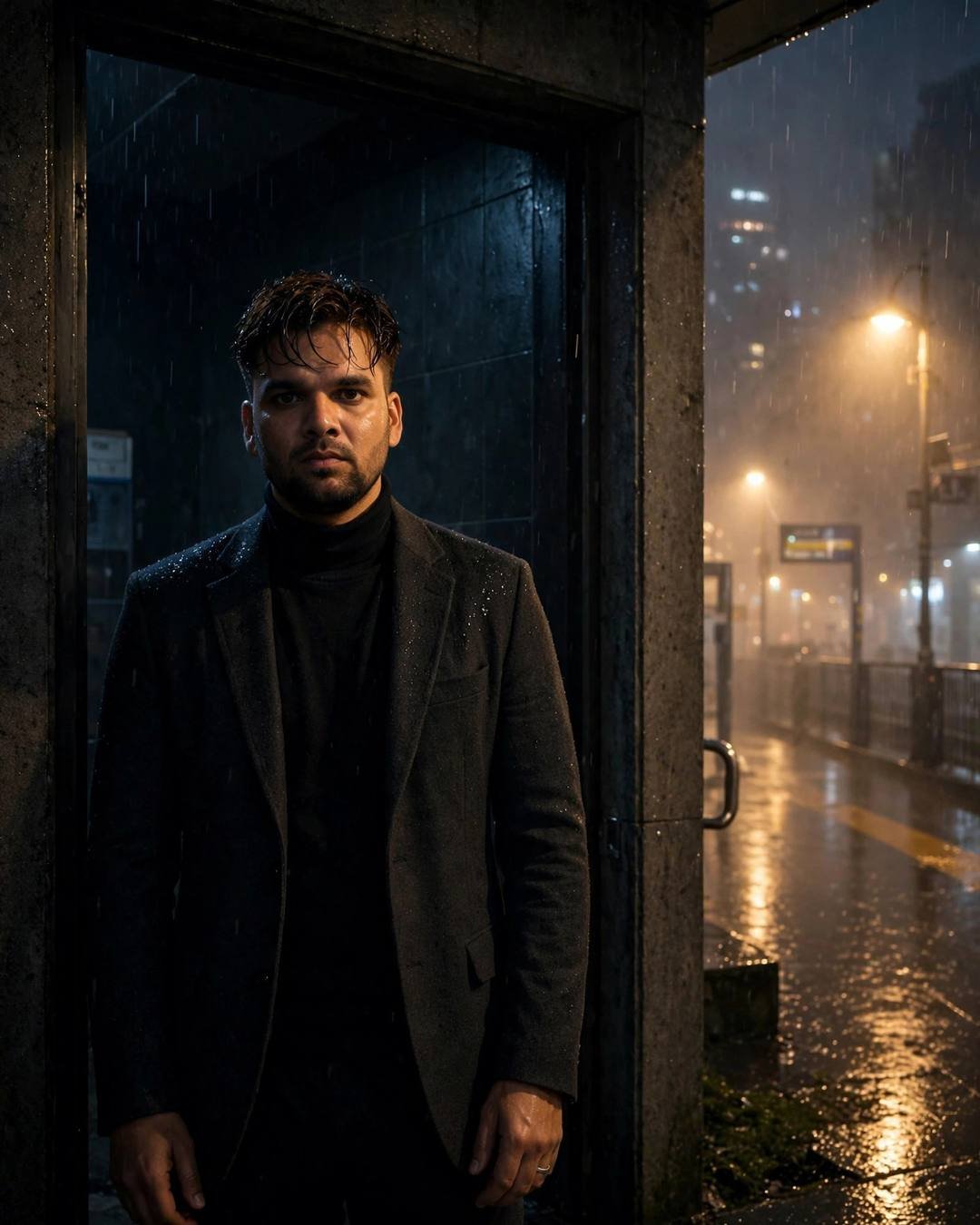 Young Indian man in a charcoal blazer and black turtleneck standing in a doorway at a foggy midnight metro station, sodium lamp glow