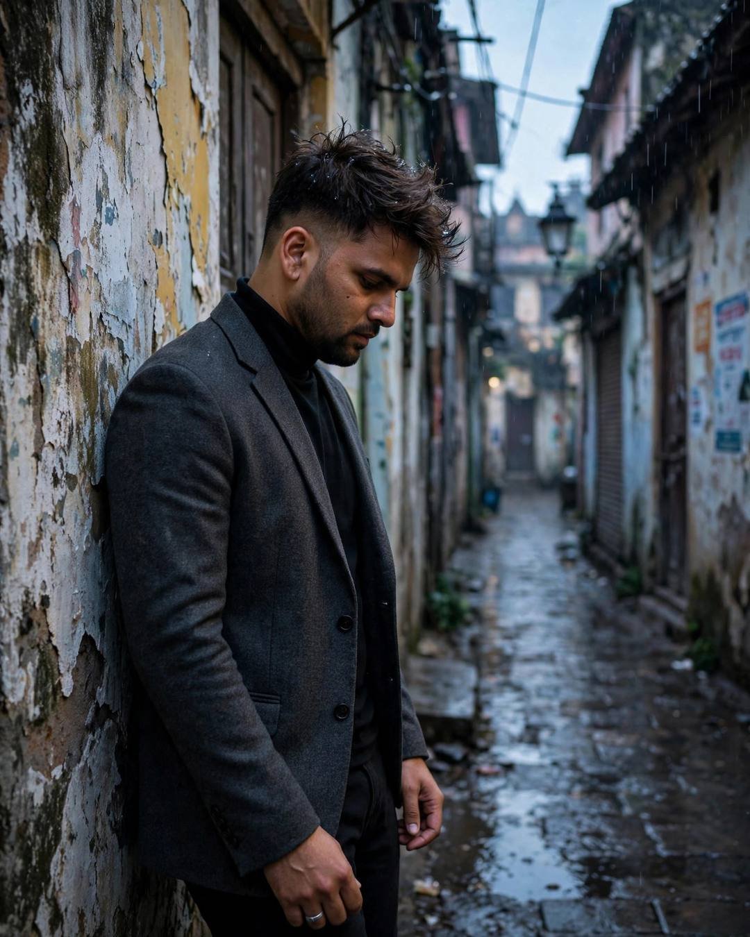 Young Indian man in a charcoal blazer leaning against a weathered peeling wall in a narrow old-city lane, light rain, head tilted down