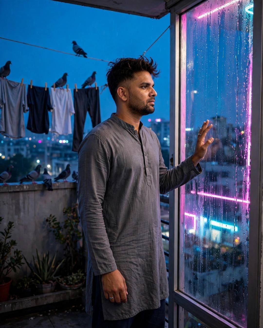 Young Indian man in a grey kurta standing at a rain-streaked terrace window at night, hand on the glass, neon pink and cyan reflections, pigeons behind