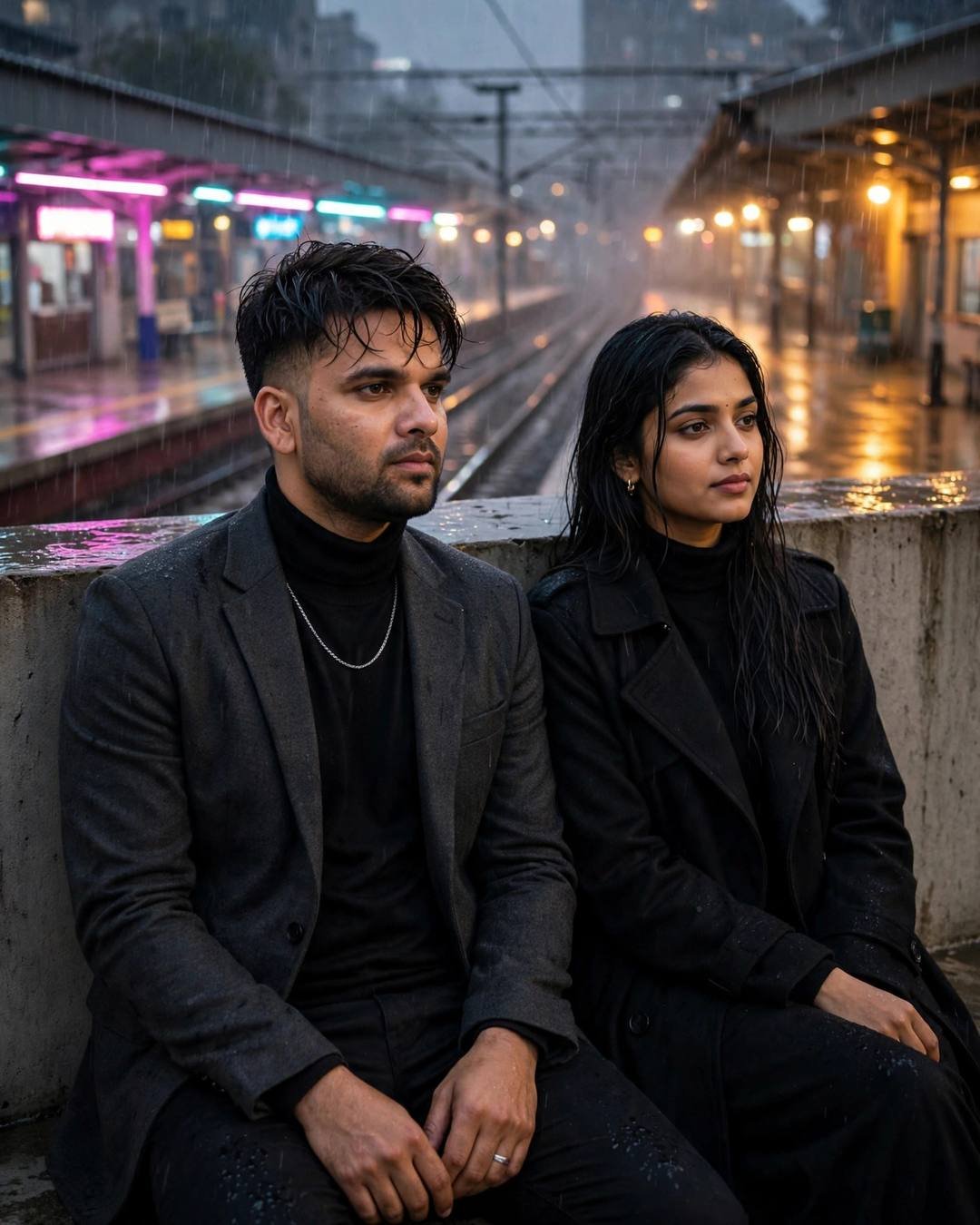 A couple sitting side by side on a rooftop parapet at night, neon pink and cyan lights reflecting in the rain around them