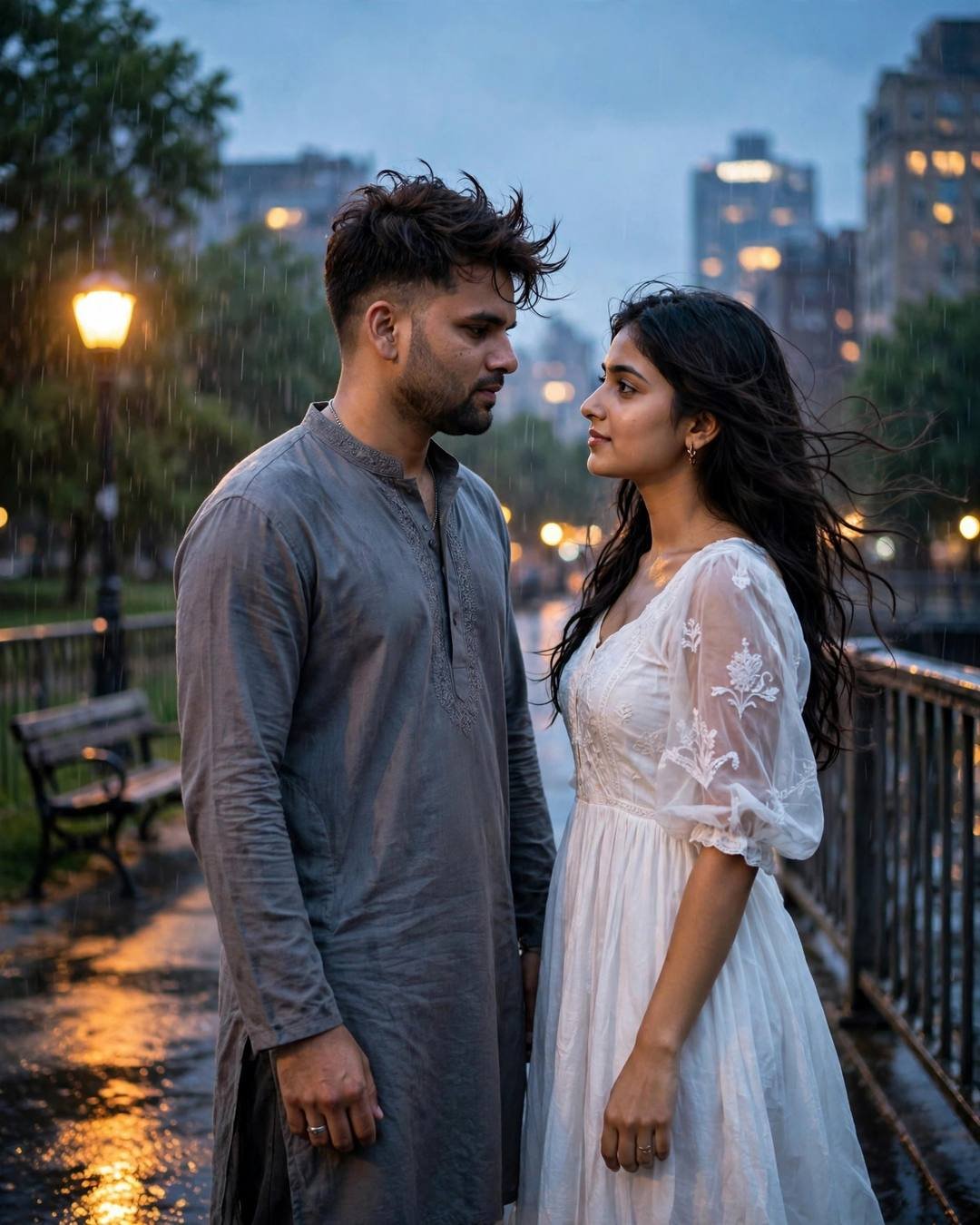 A couple facing each other on a rain-wet bridge, he in a grey kurta and she in a flowing white dress, city lights blurred behind