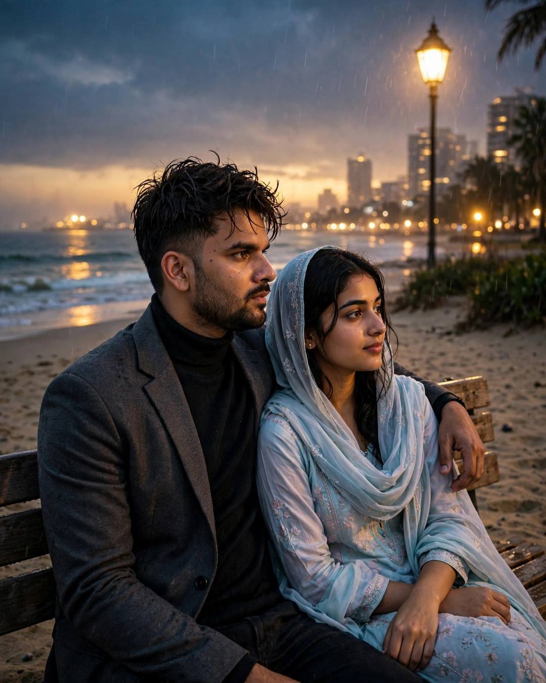 A couple on a beach bench in the rain, she in a pastel salwar-kameez with dupatta, sunset breaking through clouds over the sea