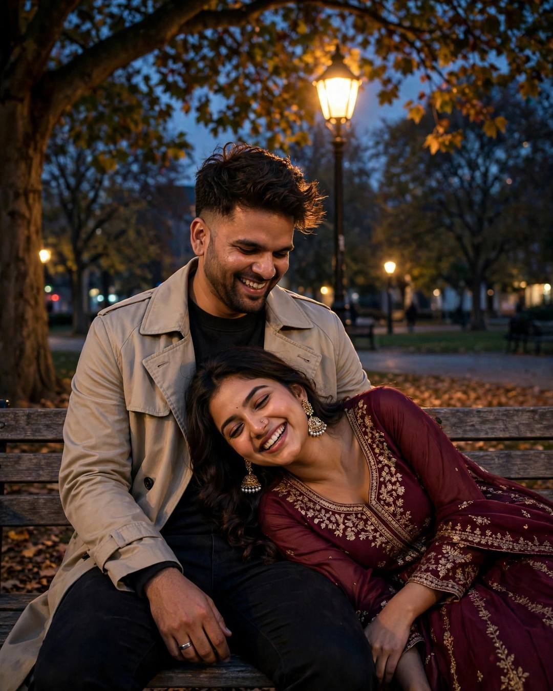 A laughing couple on a park bench at night, her head on his shoulder, she in a maroon anarkali with jhumkas under a glowing lamp