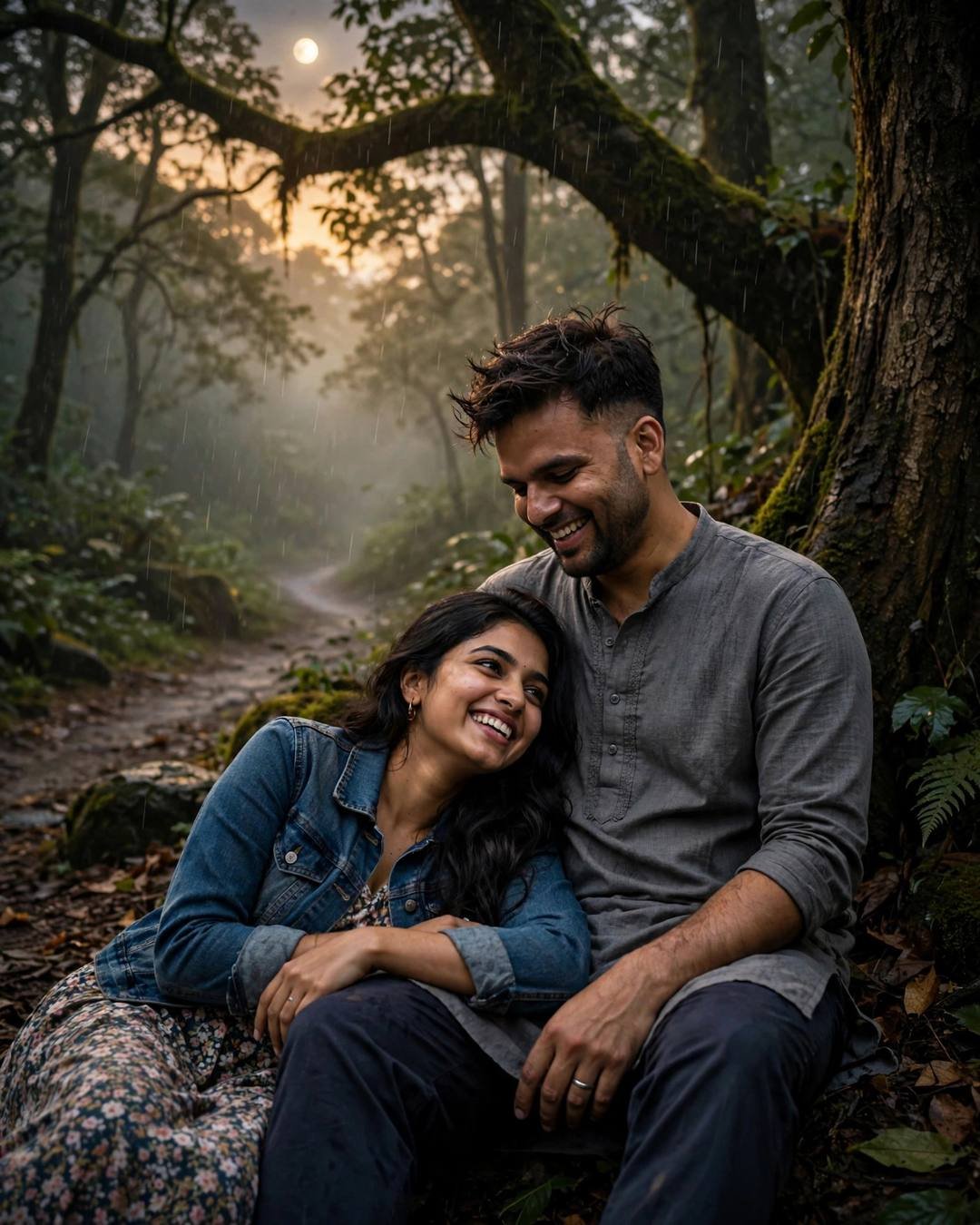 A laughing couple sitting beneath a great mossy tree on a misty forest path, the moon rising through the branches