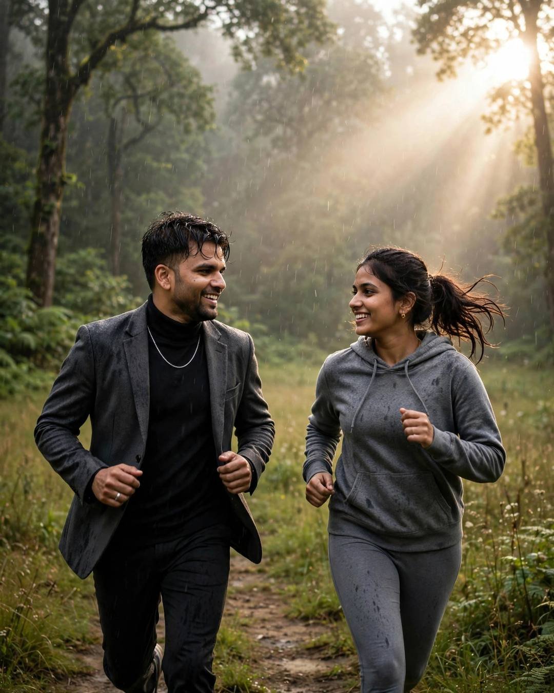 Young Indian couple running toward each other on a misty forest path in light rain, man in charcoal blazer, woman in grey hoodie, sunlight shaft behind