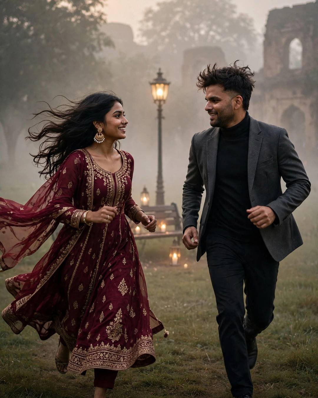 Young Indian couple running toward each other through a foggy park at dawn, man in charcoal blazer, woman in maroon anarkali, old lamp and candles, ruin behind