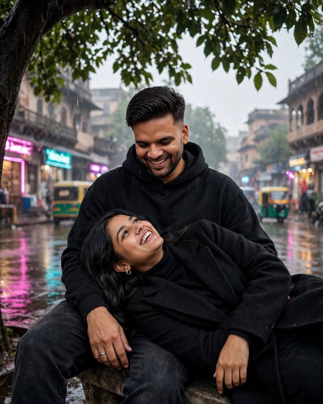 Young Indian couple sitting under a tree on a rain-soaked city street, man in black hoodie, woman in black turtleneck with long coat, her head in his lap, both laughing, neon signs and auto-rickshaws behind