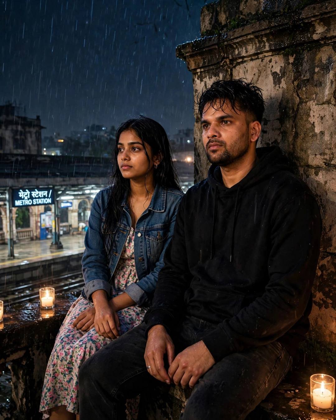 Young Indian couple sitting side by side against an old stone wall at a midnight metro station, man in black hoodie, woman in denim jacket over floral dress, candles burning in the rain, metro sign behind