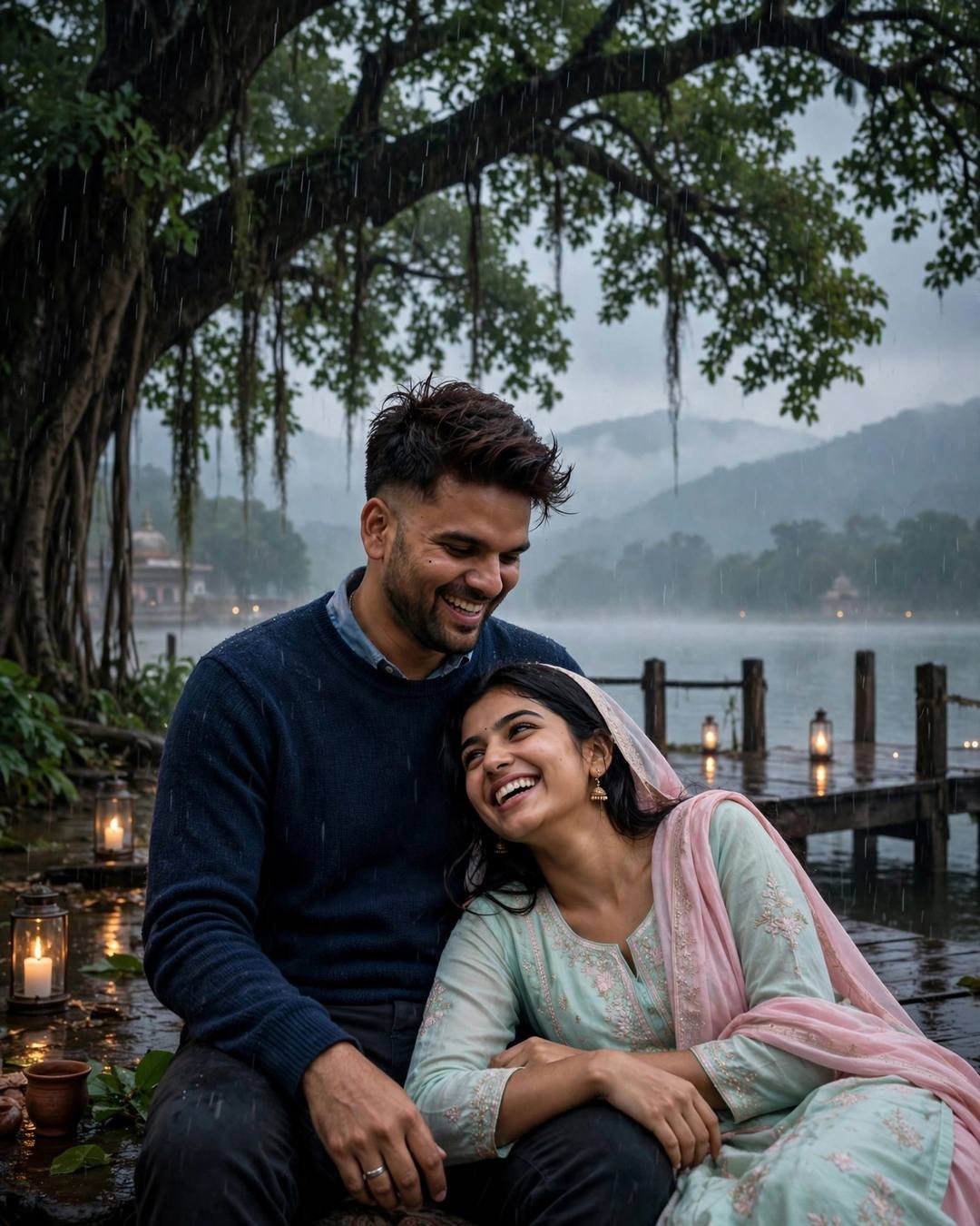 Young Indian couple sitting at the edge of a wooden lake pier at dawn under a banyan tree, man in navy sweater, woman in pastel salwar-kameez with pink dupatta, both laughing, lanterns and misty lake behind